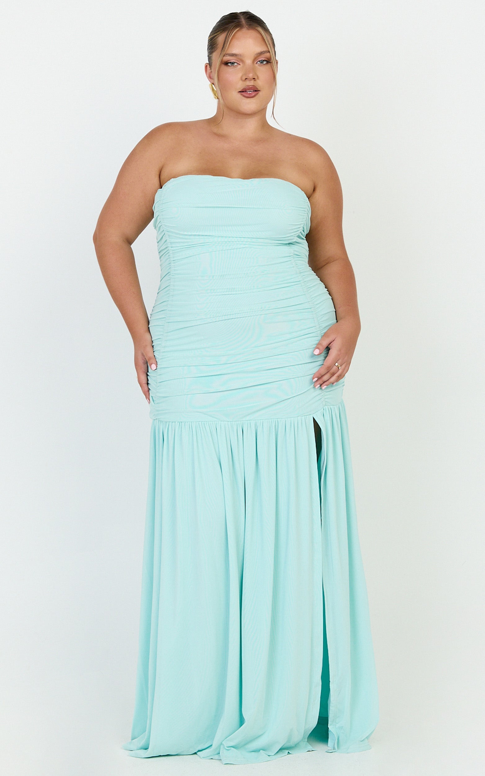 Marguerite Maxi Dress - Strapless Ruched Mesh High Leg Split Dress in Mint - View 6