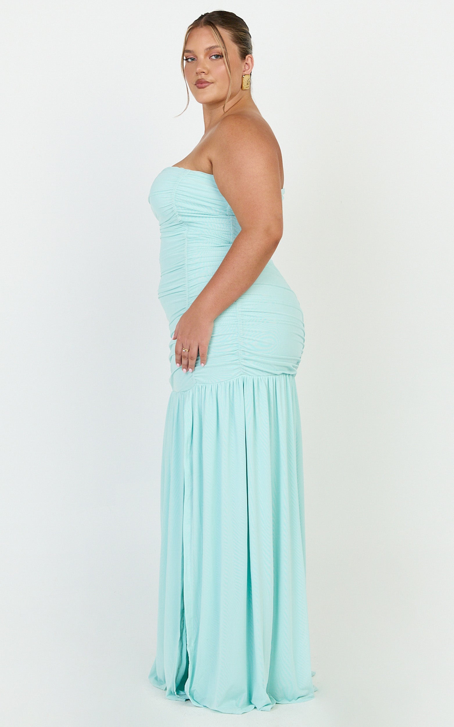Marguerite Maxi Dress - Strapless Ruched Mesh High Leg Split Dress in Mint - View 4