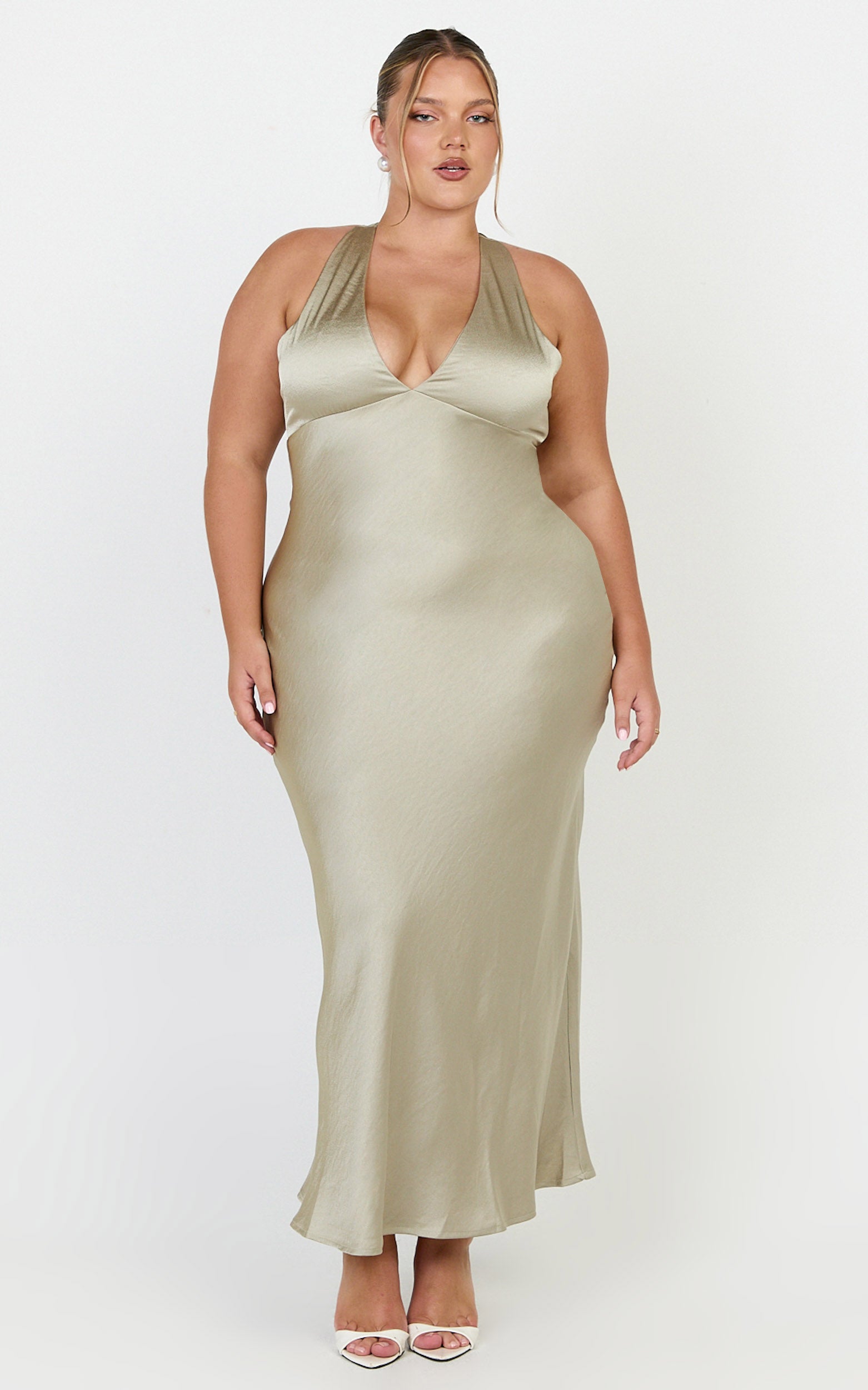 Khalani Midi Dress - Deep V Neck Satin Slip Dress in Light Olive - View 2