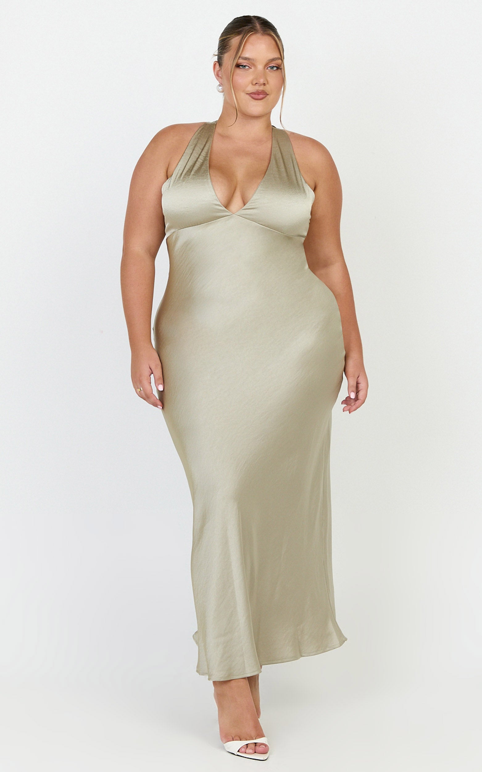 Khalani Midi Dress - Deep V Neck Satin Slip Dress in Light Olive - View 4