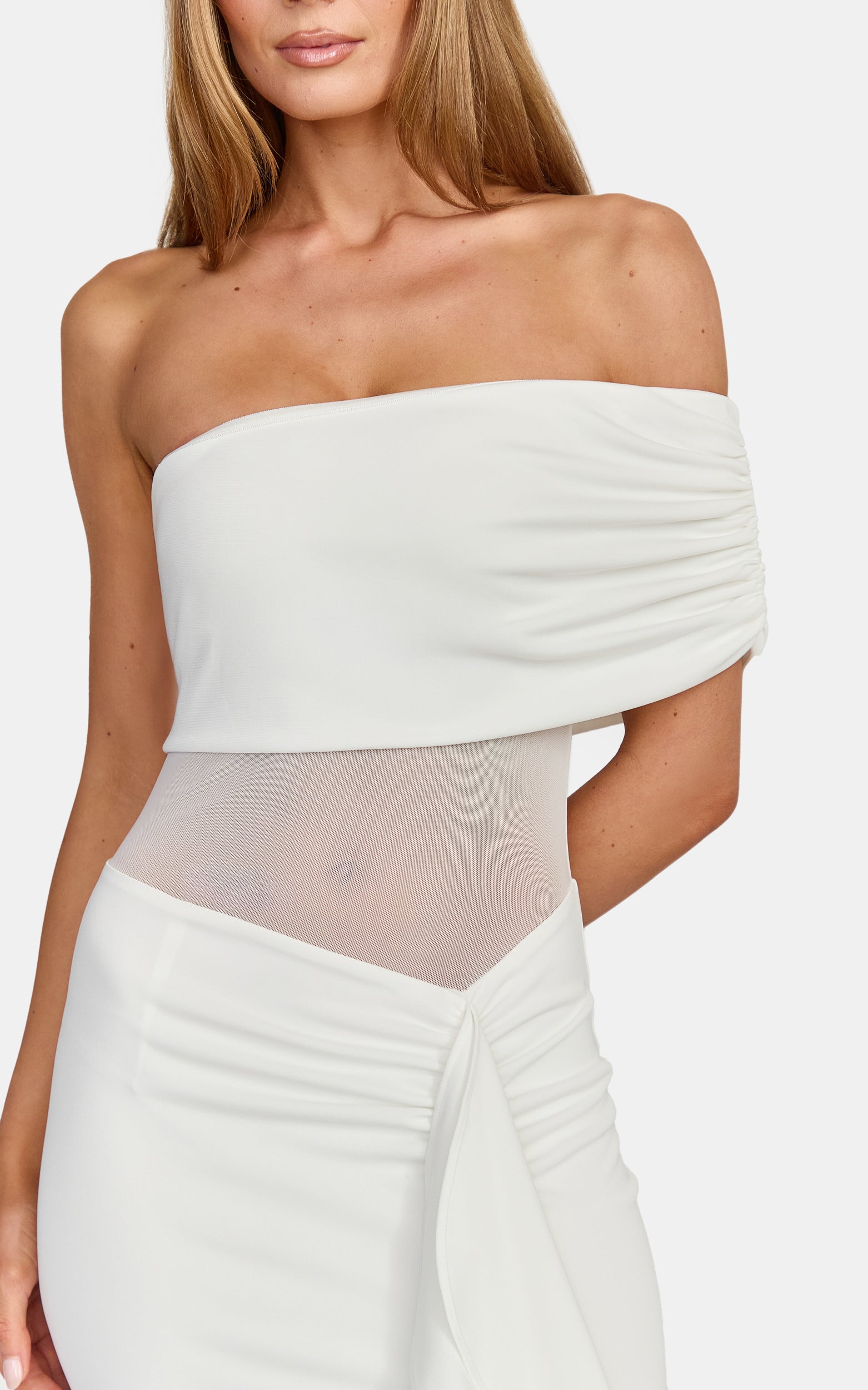Hallie Maxi Dress - One Shoulder Flounce Dress With Leg Split And Sheer Panel in White - View 2