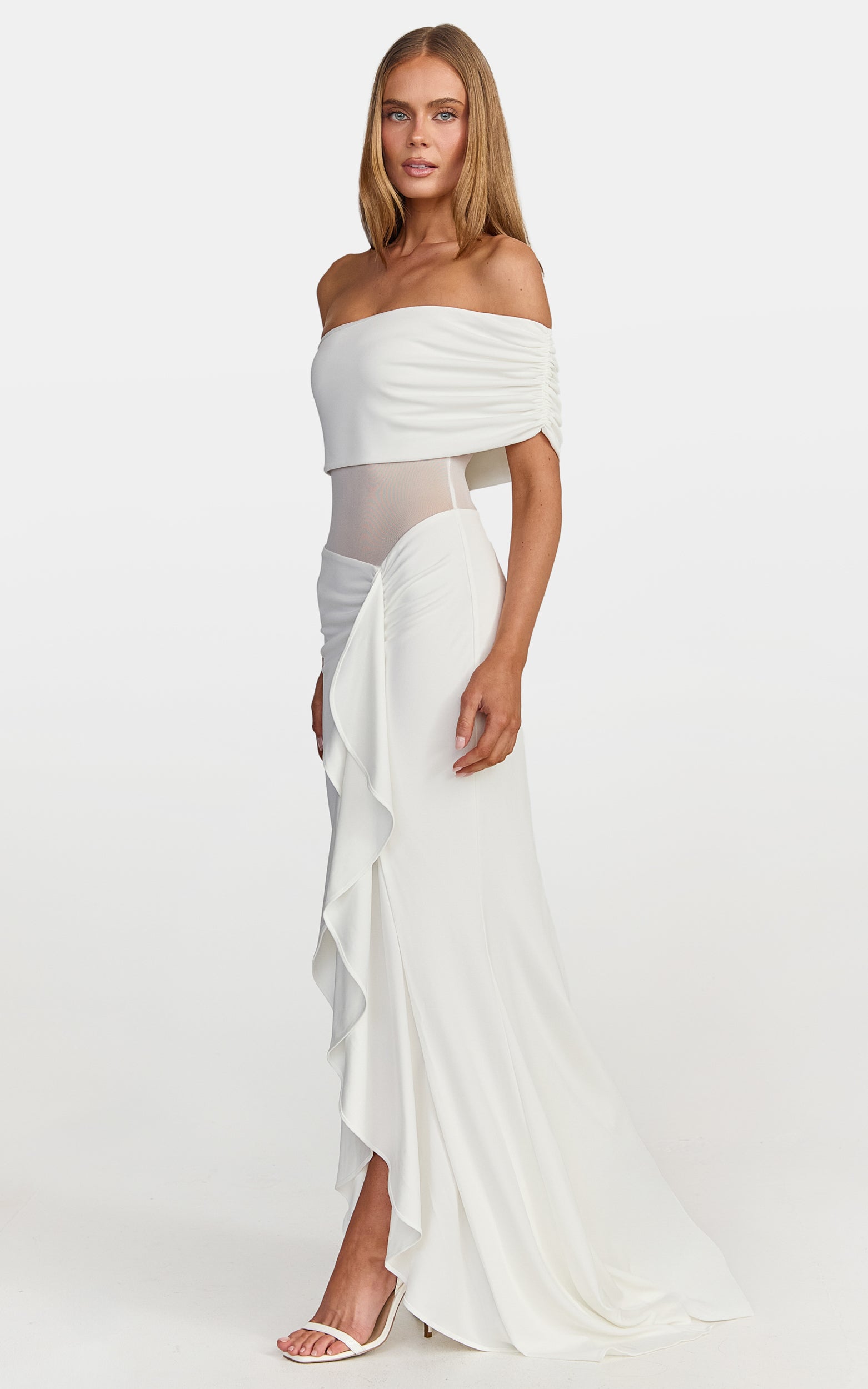 Hallie Maxi Dress - One Shoulder Flounce Dress With Leg Split And Sheer Panel in White - View 4