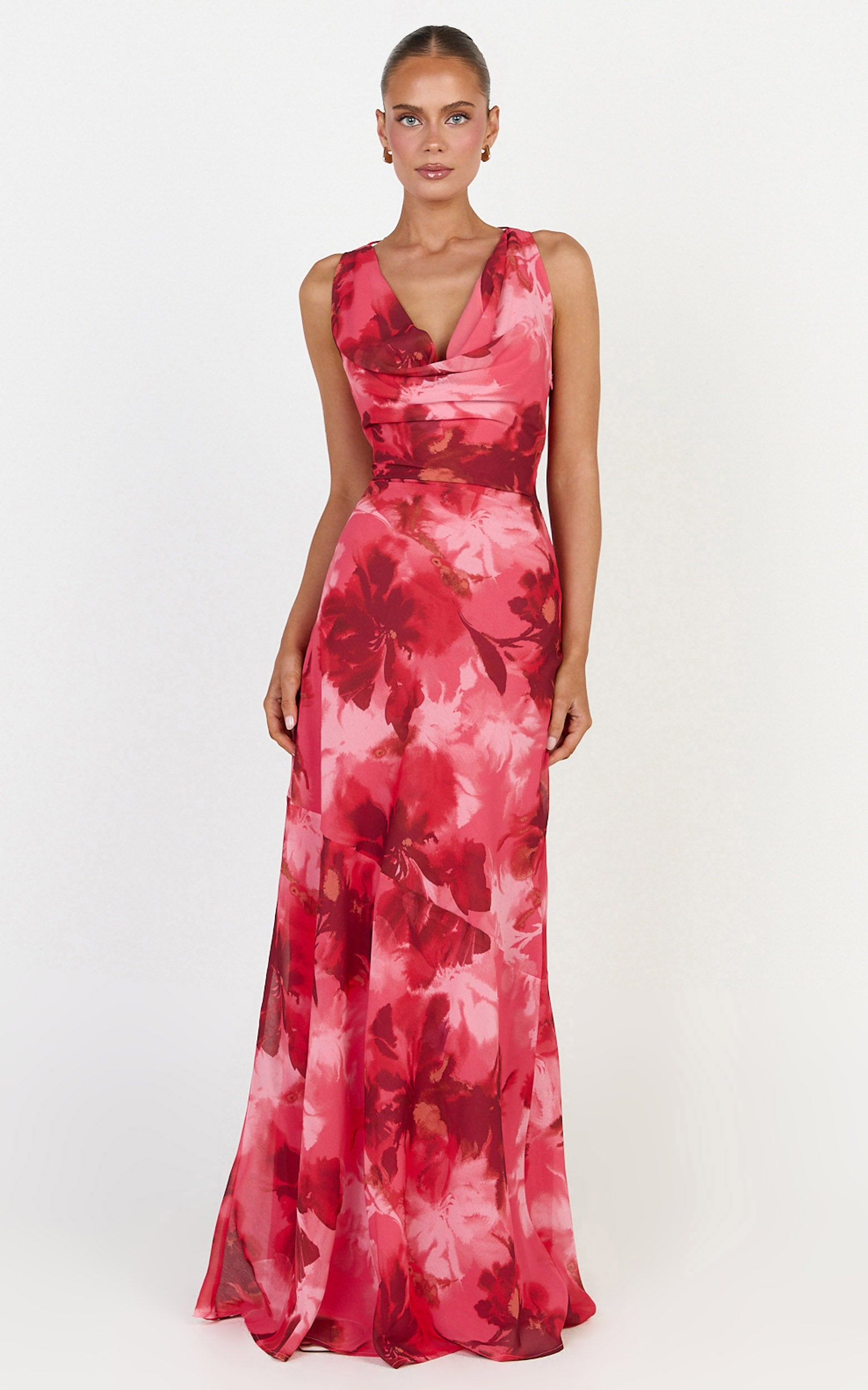 Maila Maxi Dress - Draped Cowl Neckline Dress in Maila Red Floral Print - View 4