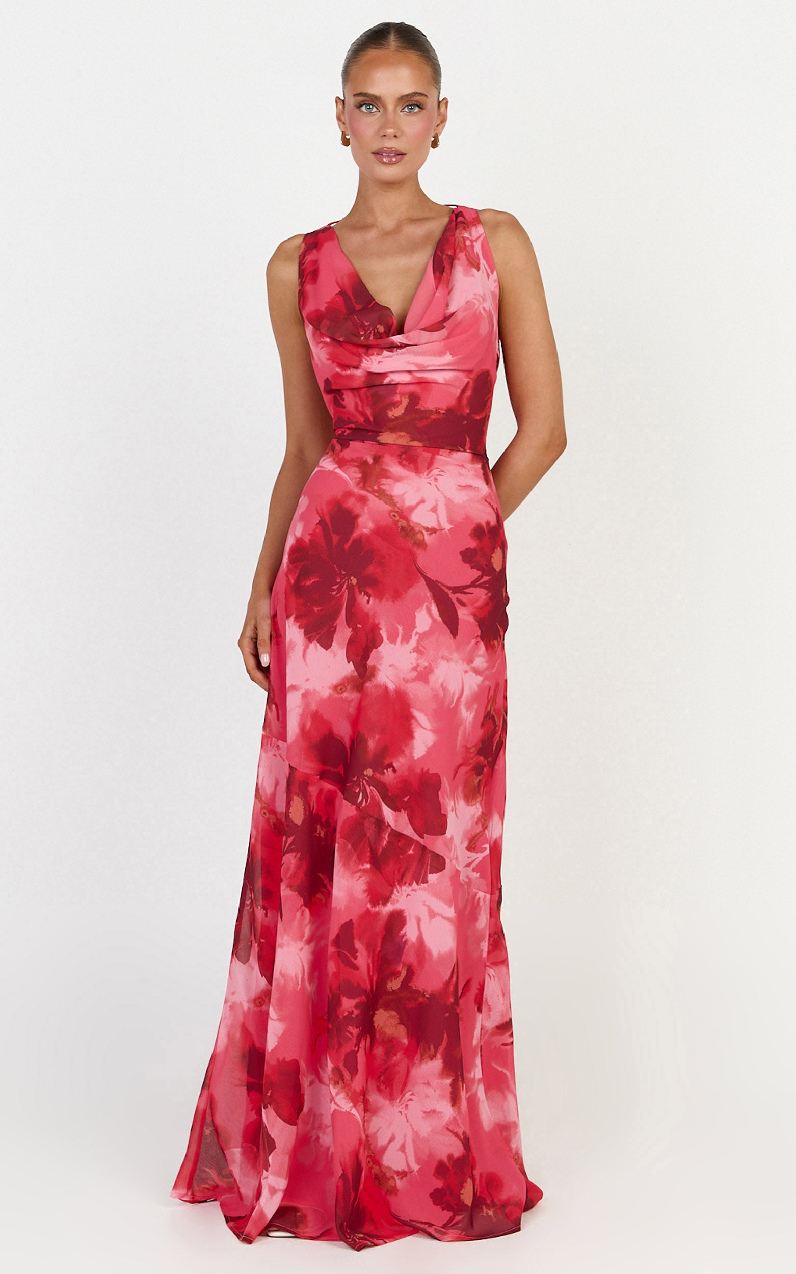 Maila Maxi Dress - Draped Cowl Neckline Dress in Maila Red Floral Print - View 1