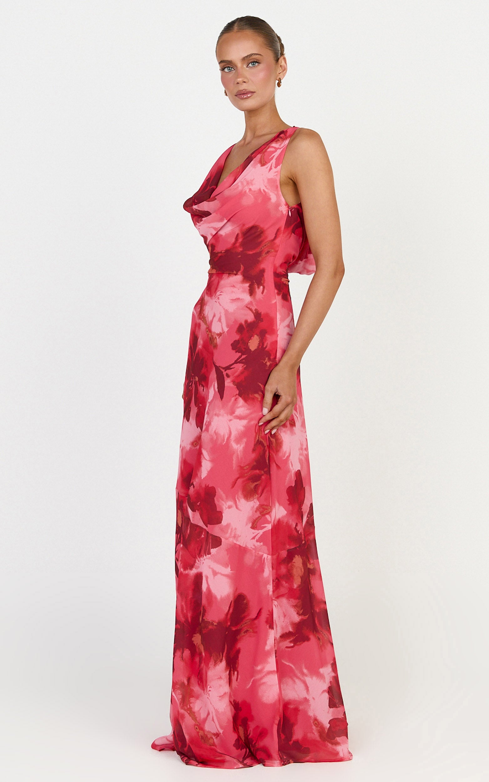 Maila Maxi Dress - Draped Cowl Neckline Dress in Maila Red Floral Print - View 2