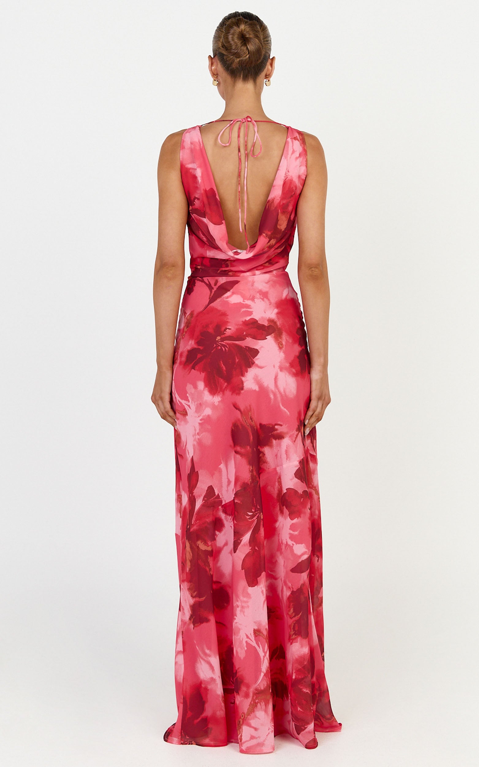 Maila Maxi Dress - Draped Cowl Neckline Dress in Maila Red Floral Print - View 5