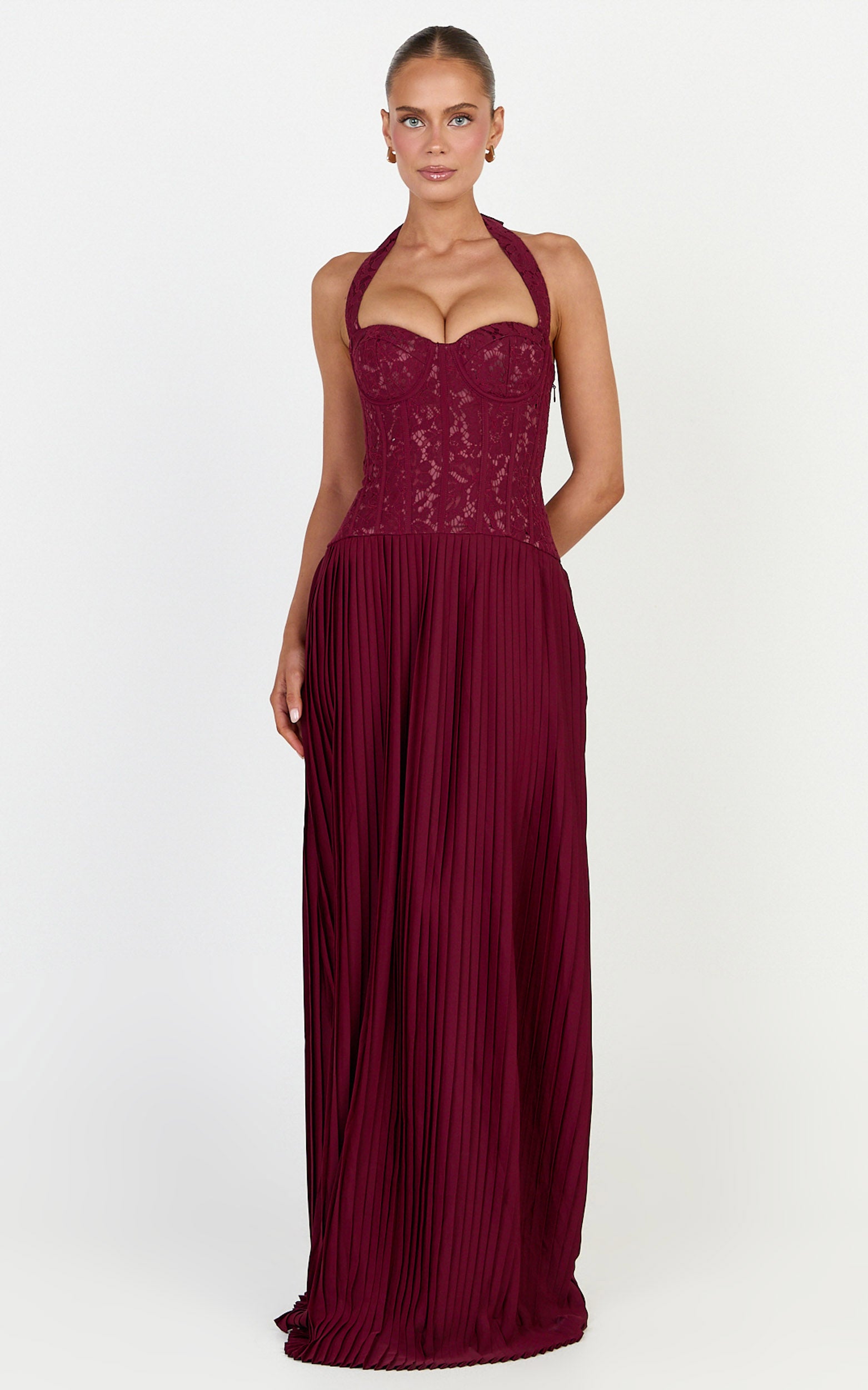 Malia Maxi Dress - Lace Corset Bodice Contrast Pleated Skirt Halter Dress in Wine - View 4