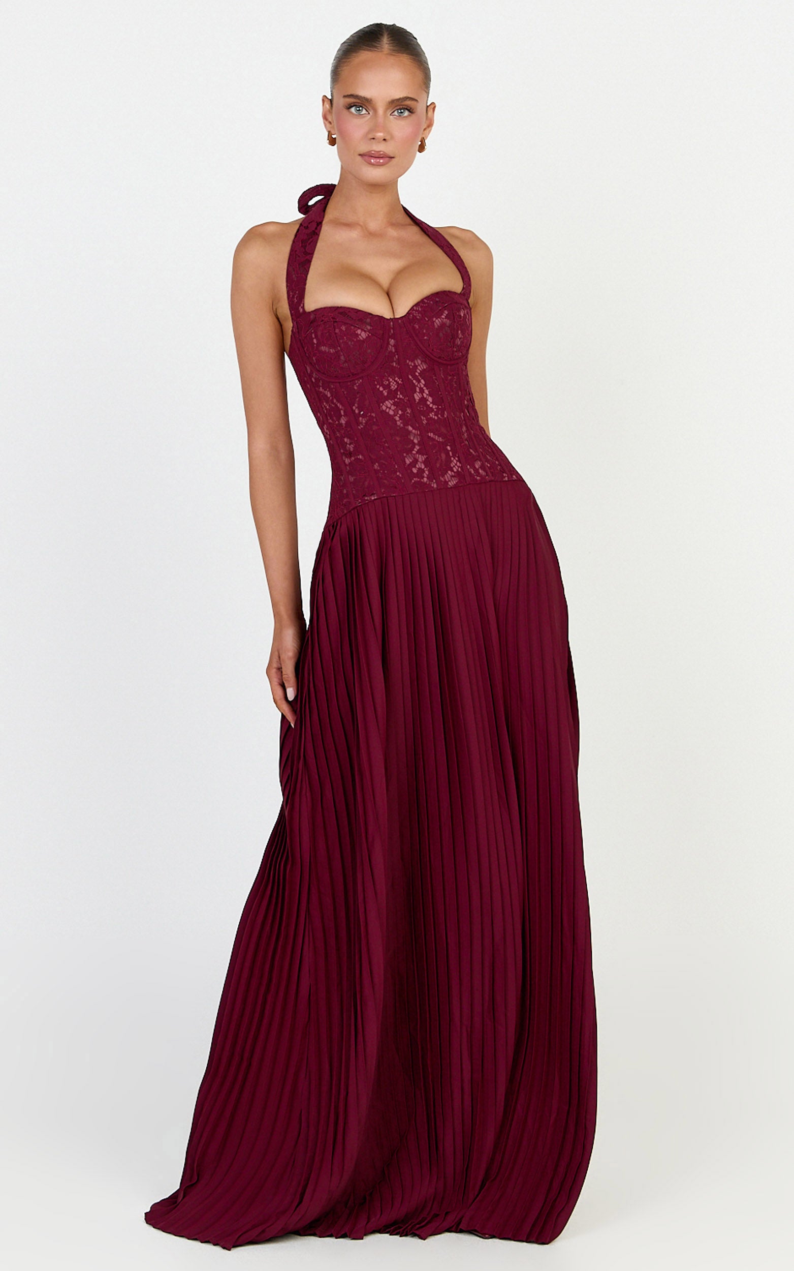 Malia Maxi Dress - Lace Corset Bodice Contrast Pleated Skirt Halter Dress in Wine - View 1