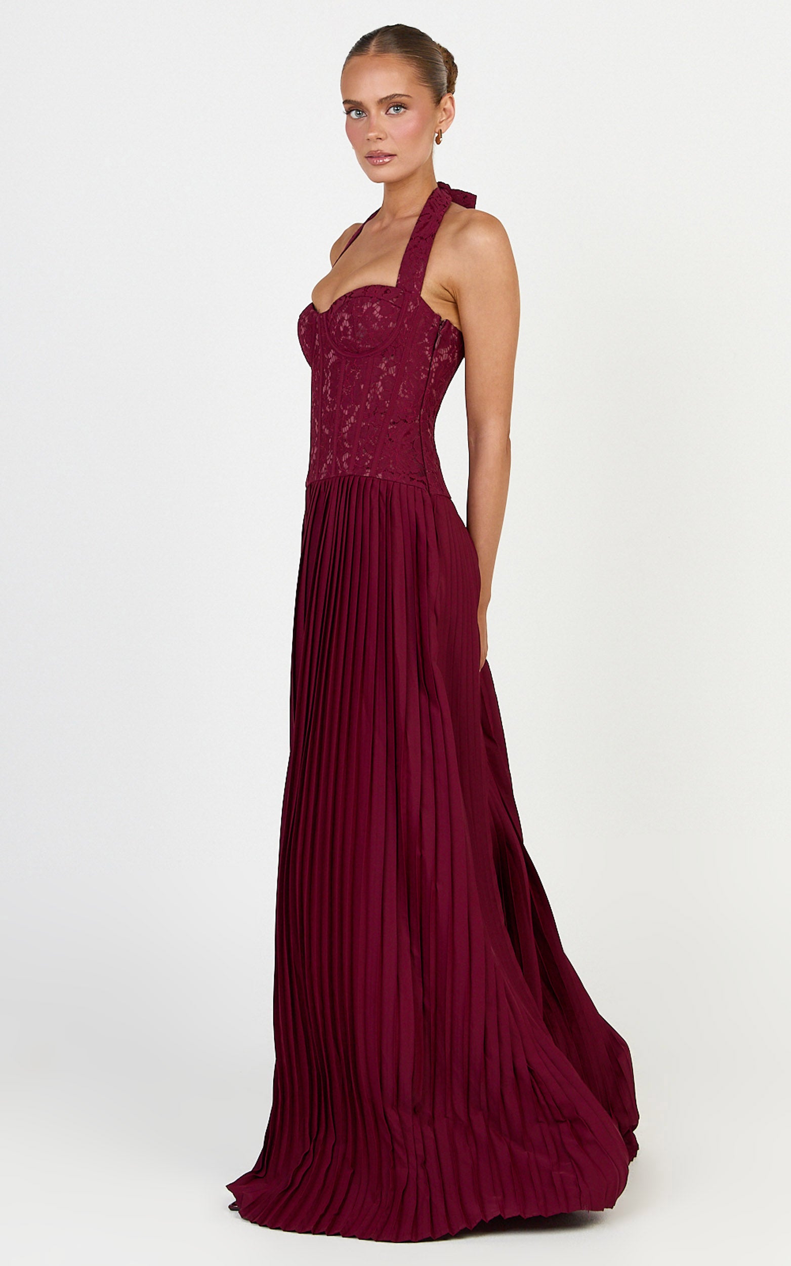 Malia Maxi Dress - Lace Corset Bodice Contrast Pleated Skirt Halter Dress in Wine - View 5