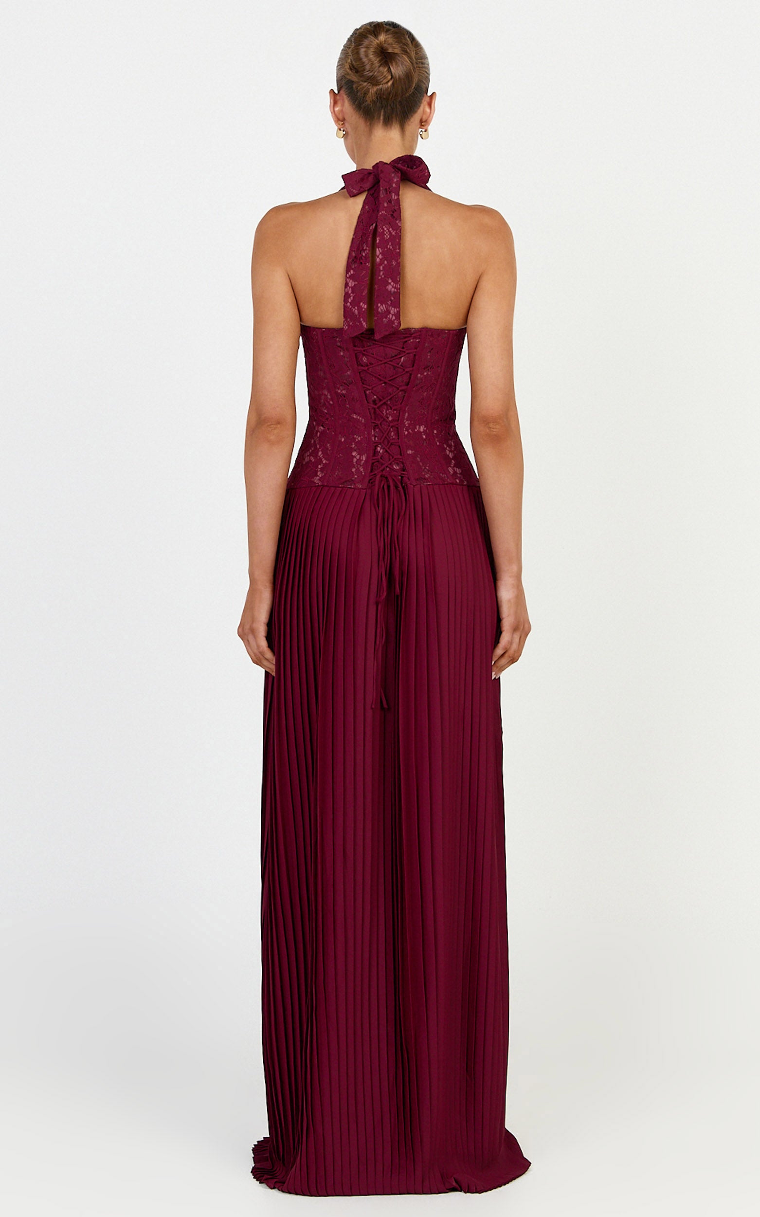 Malia Maxi Dress - Lace Corset Bodice Contrast Pleated Skirt Halter Dress in Wine - View 6