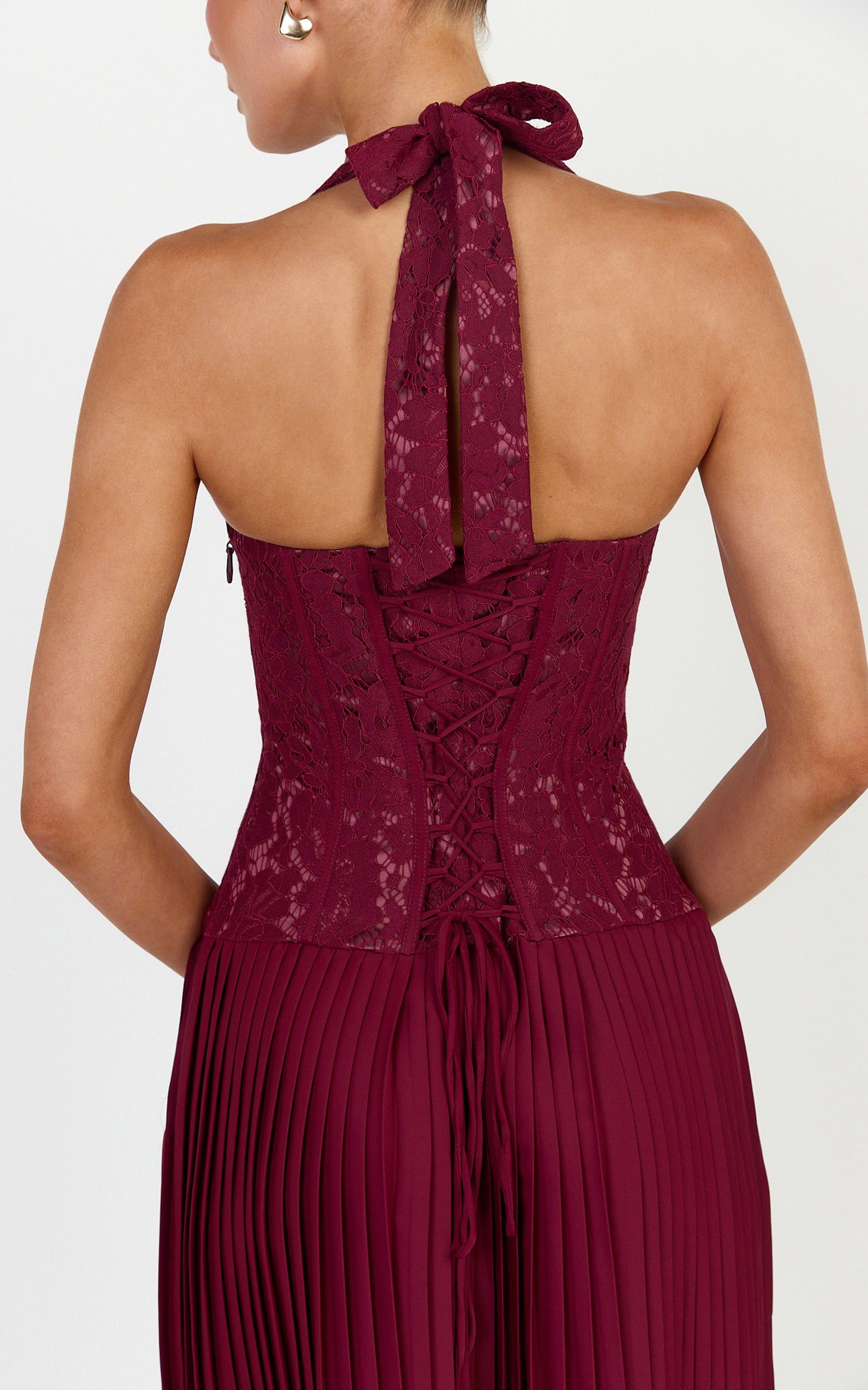 Malia Maxi Dress - Lace Corset Bodice Contrast Pleated Skirt Halter Dress in Wine - View 2