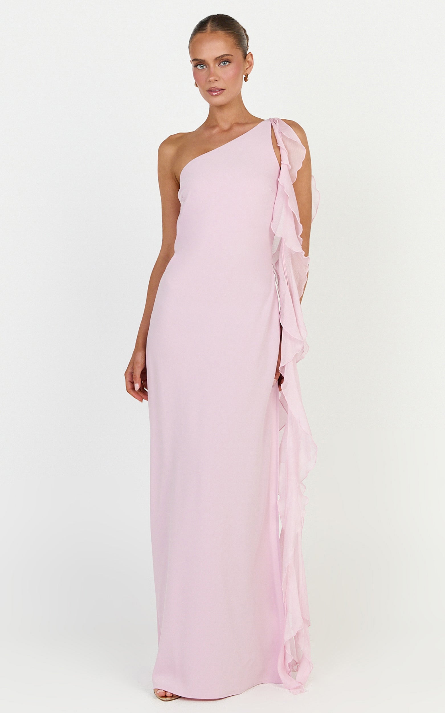 Alani Maxi Dress - Backless One Shoulder Flounce Detail Dress in Pink - View 4