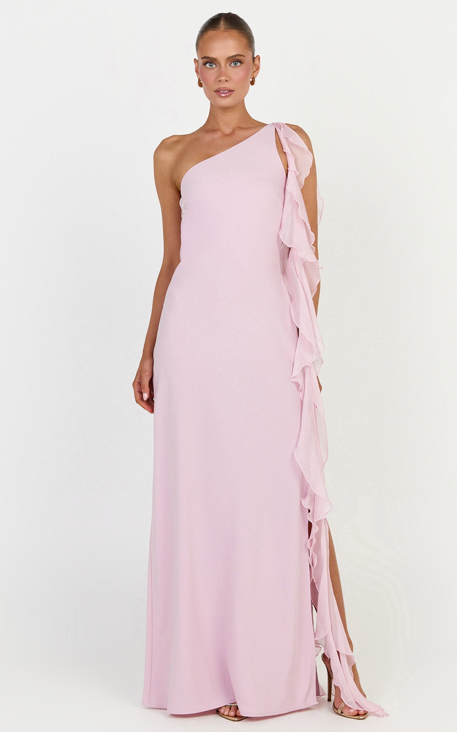 Alani Maxi Dress - Backless One Shoulder Flounce Detail Dress in Pink - View 1