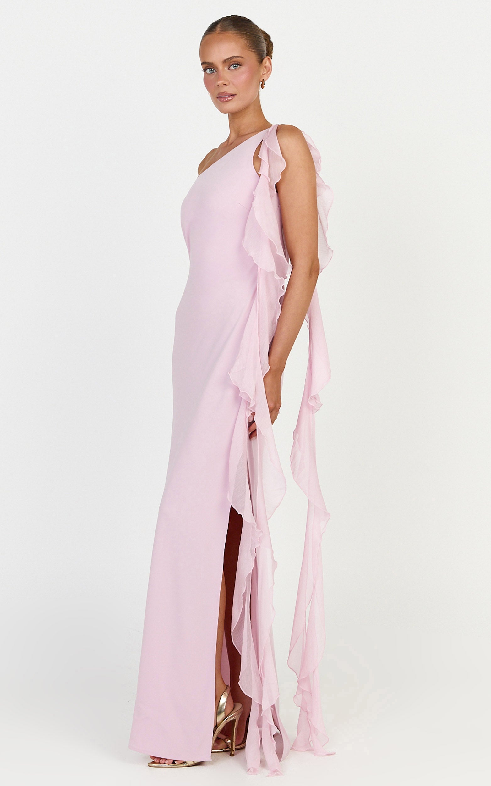 Alani Maxi Dress - Backless One Shoulder Flounce Detail Dress in Pink - View 5