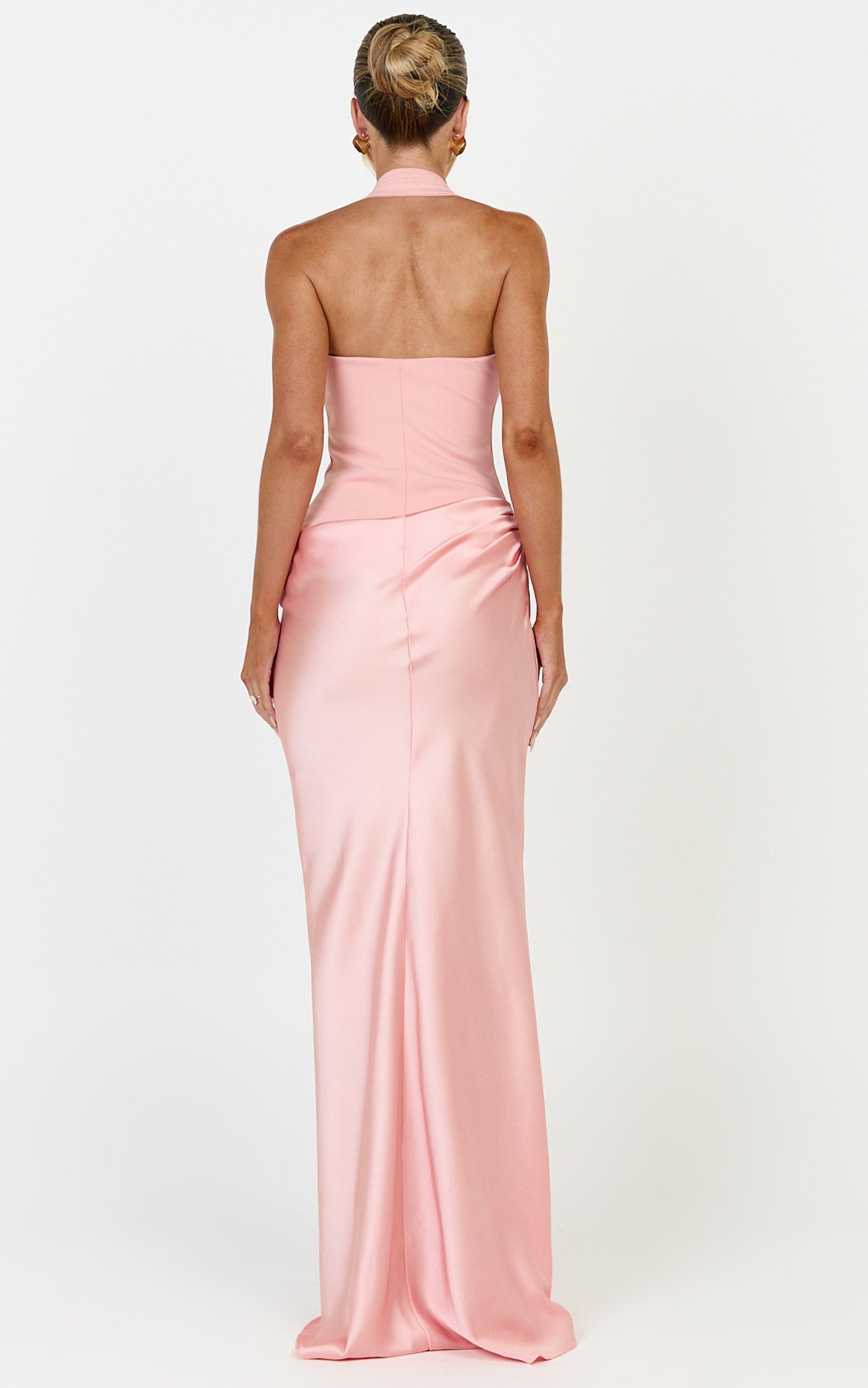 Solene Maxi Dress - Halter Neck Draped Cowl Waist Dress in Pink - View 7