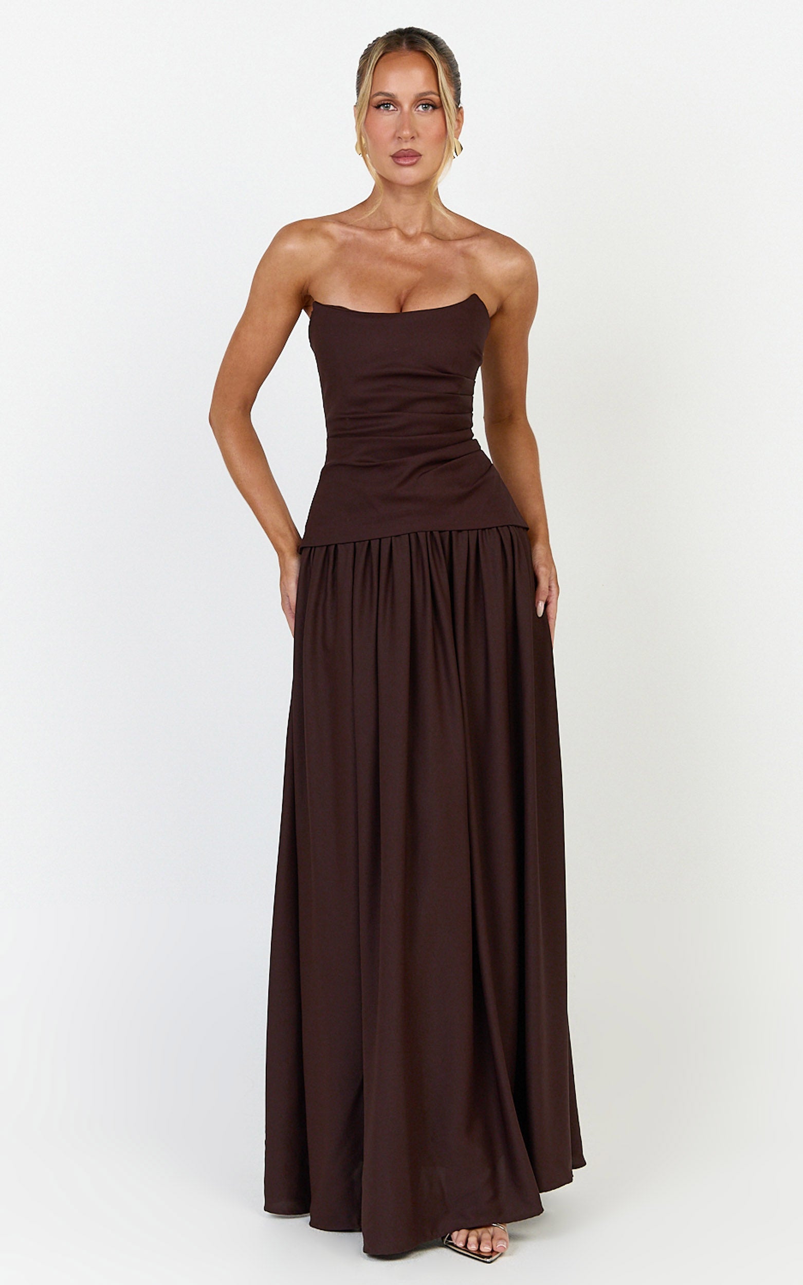 Marlowe Maxi Dress - Strapless Gathered Bodice Fit And Flare Dress in Chocolate - View 5