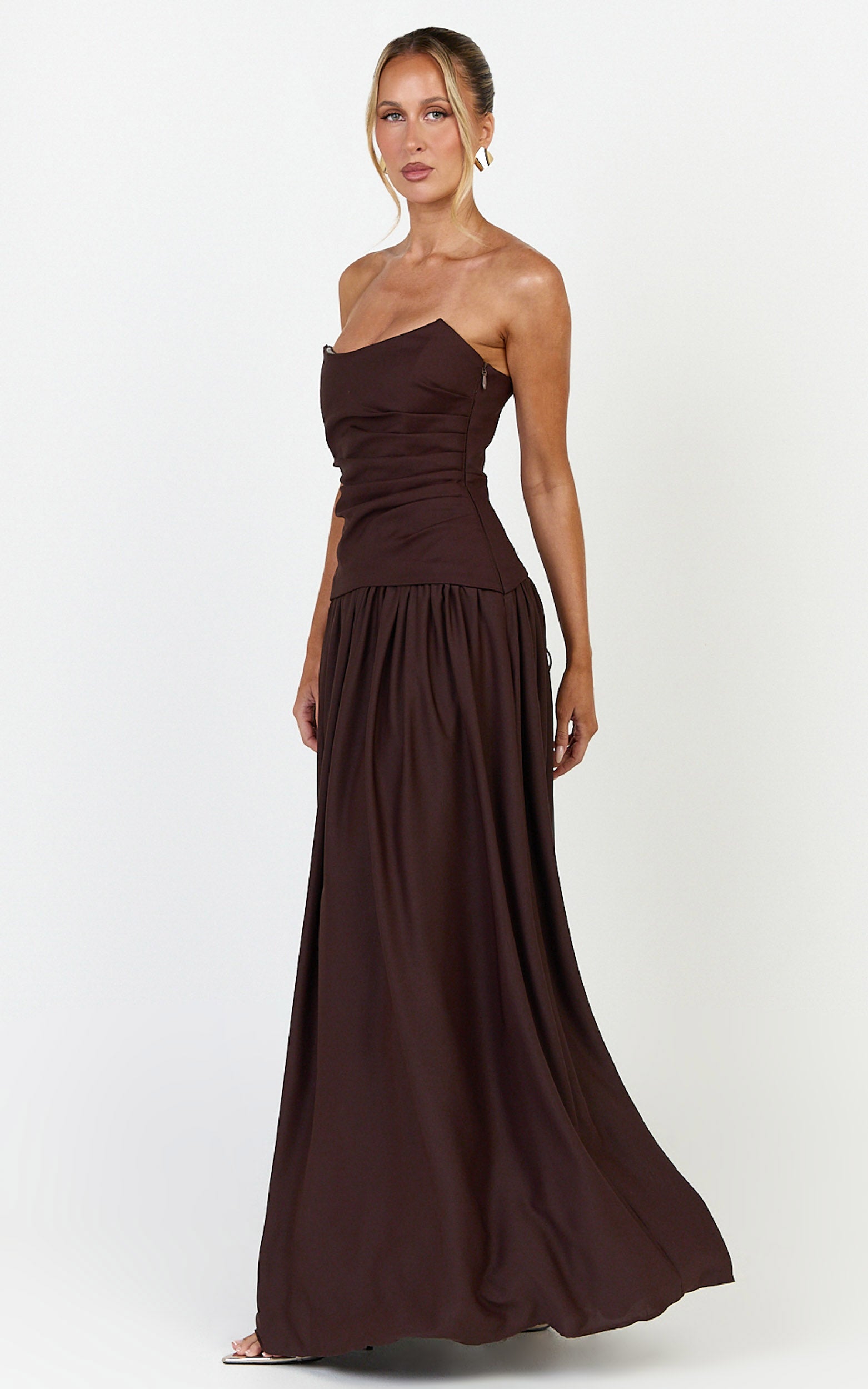 Marlowe Maxi Dress - Strapless Gathered Bodice Fit And Flare Dress in Chocolate - View 6