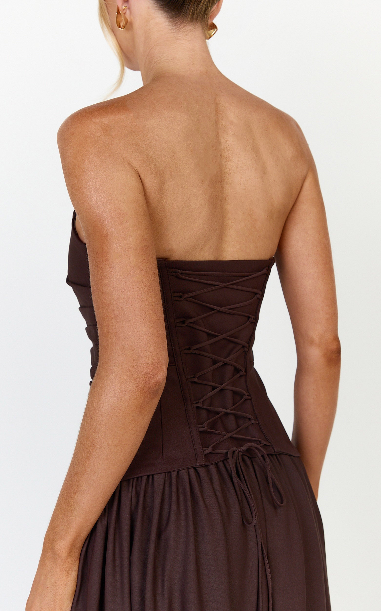 Marlowe Maxi Dress - Strapless Gathered Bodice Fit And Flare Dress in Chocolate - View 2