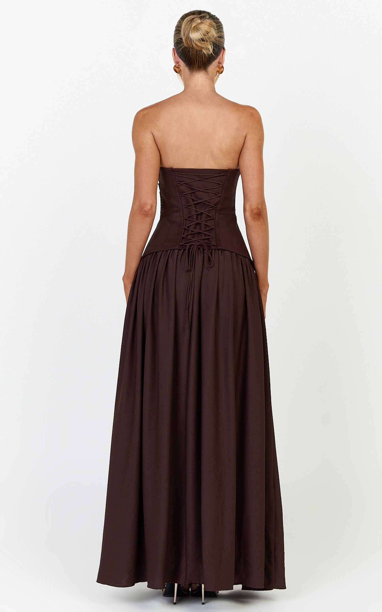 Marlowe Maxi Dress - Strapless Gathered Bodice Fit And Flare Dress in Chocolate - View 7