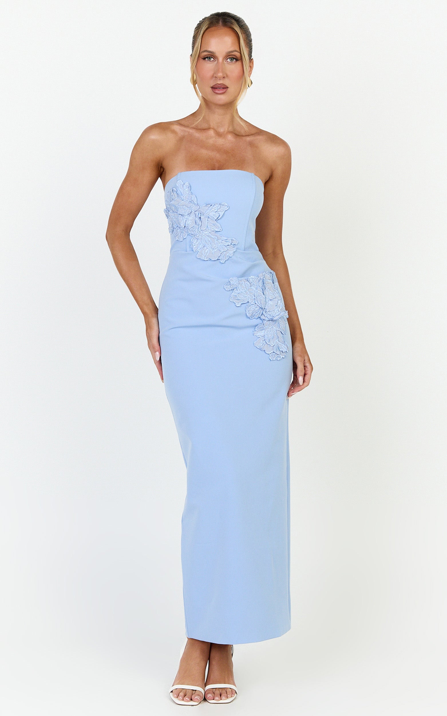 Moana Maxi Dress - Strapless Floral Embellished Structured Column Dress in Soft Blue - View 4