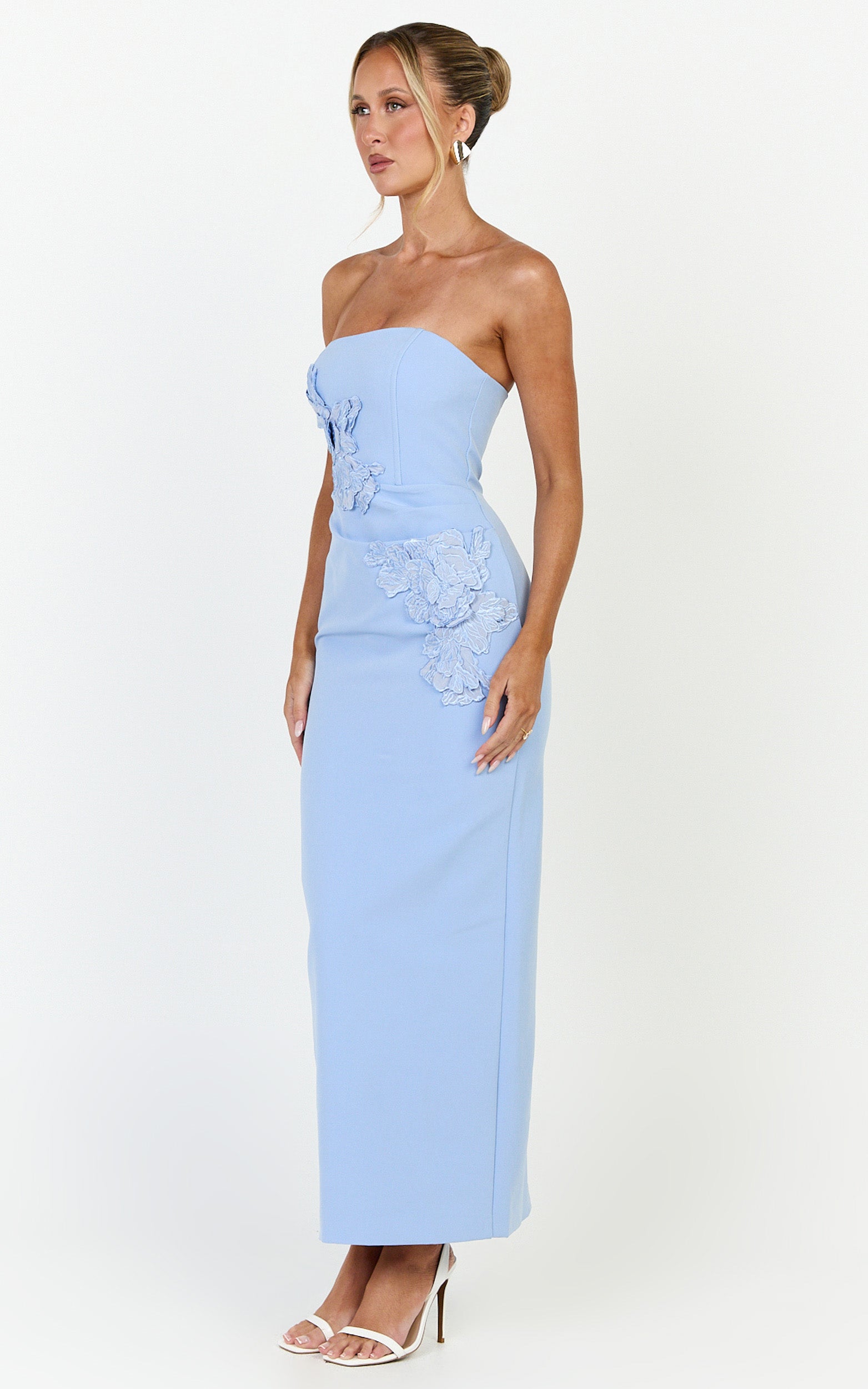 Moana Maxi Dress - Strapless Floral Embellished Structured Column Dress in Soft Blue - View 2