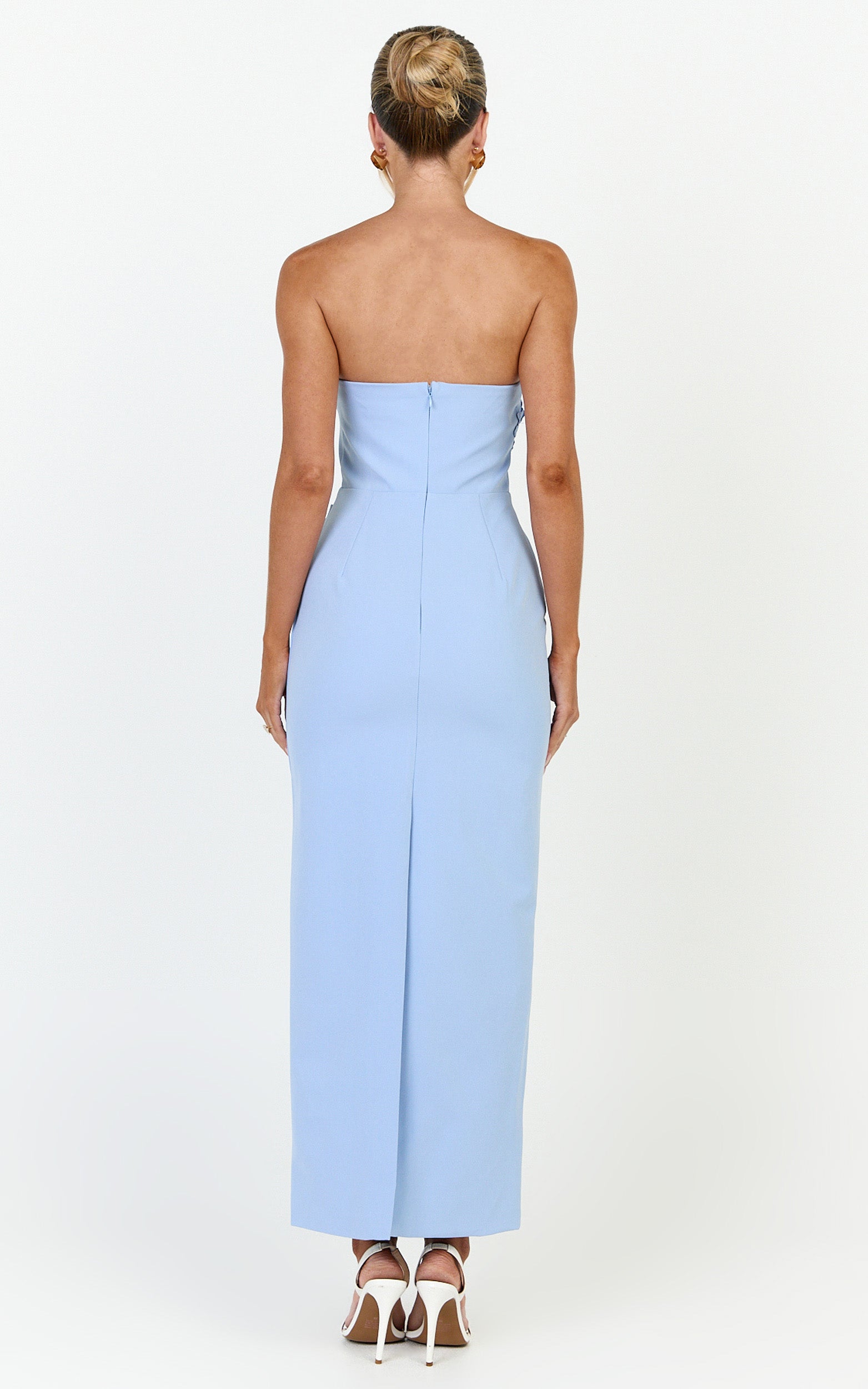 Moana Maxi Dress - Strapless Floral Embellished Structured Column Dress in Soft Blue - View 5