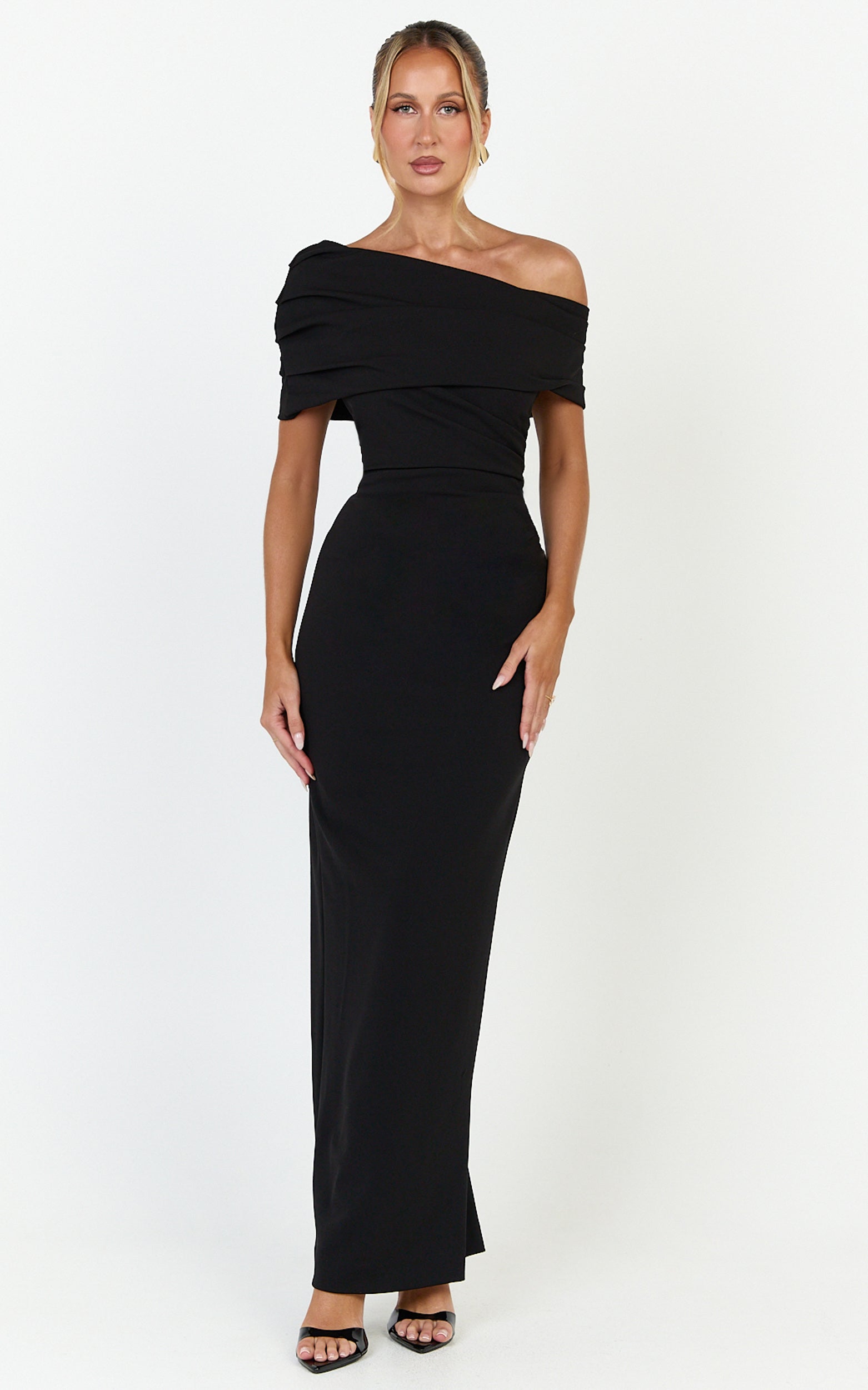 Ottilie Maxi Dress - Pin Tucked One Shoulder Fitted Dress in Black - View 3