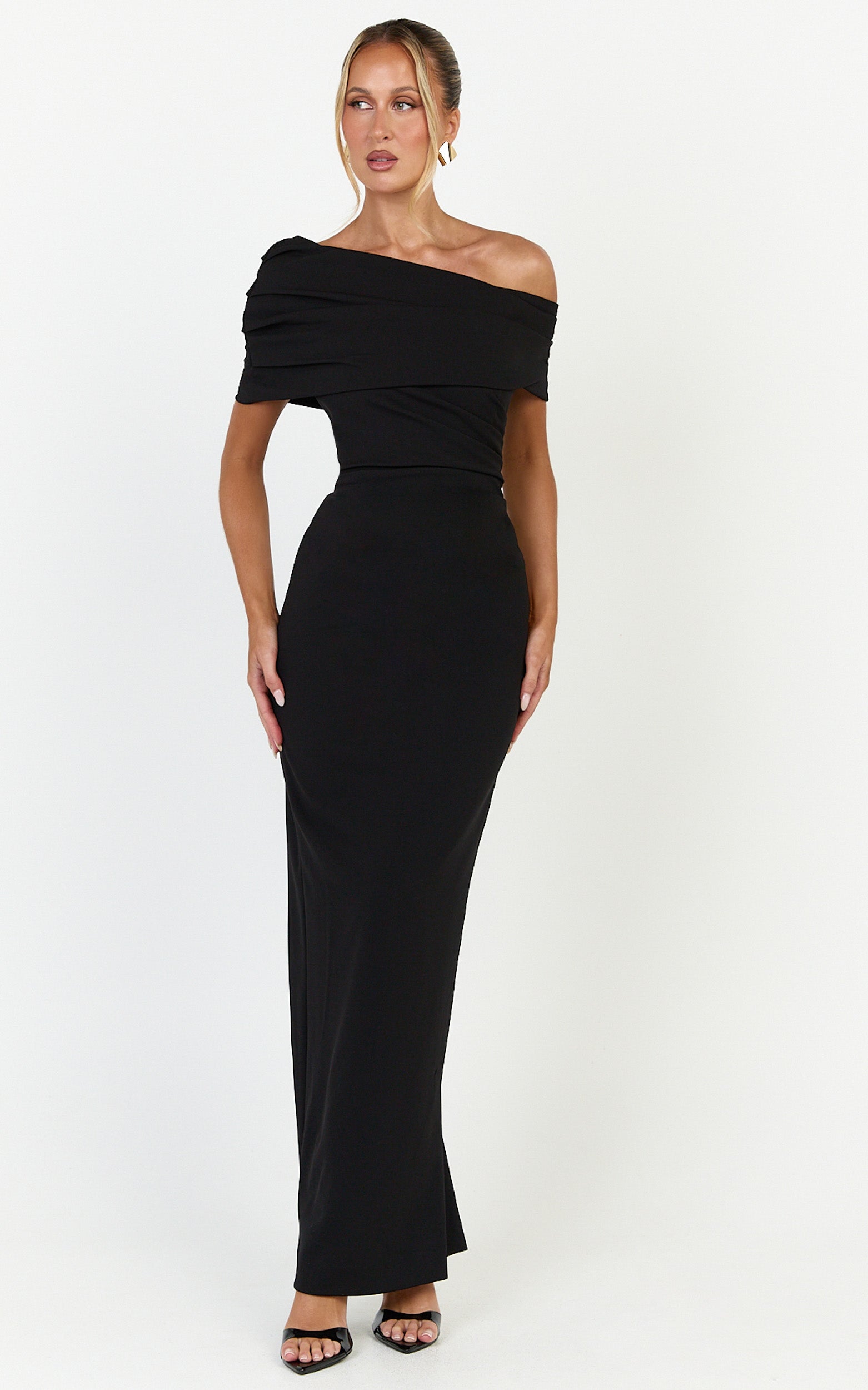Ottilie Maxi Dress - Pin Tucked One Shoulder Fitted Dress in Black - View 4