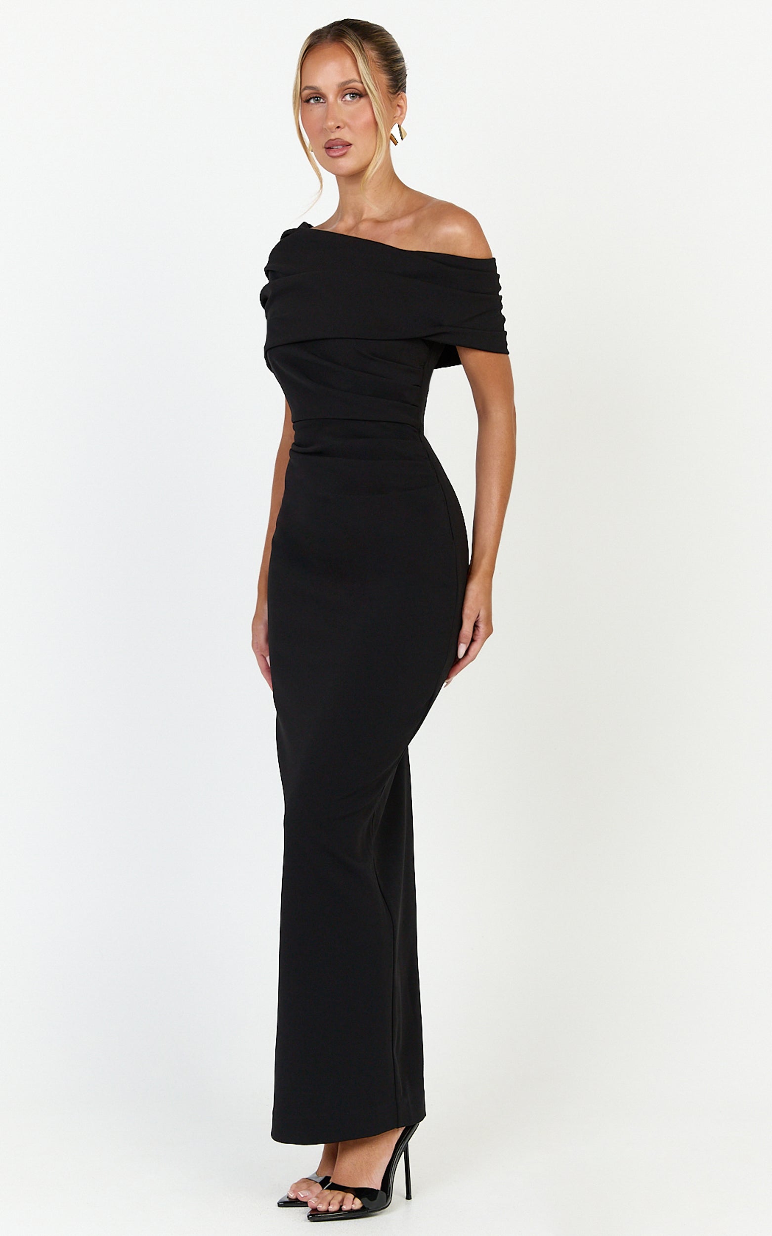 Ottilie Maxi Dress - Pin Tucked One Shoulder Fitted Dress in Black - View 2