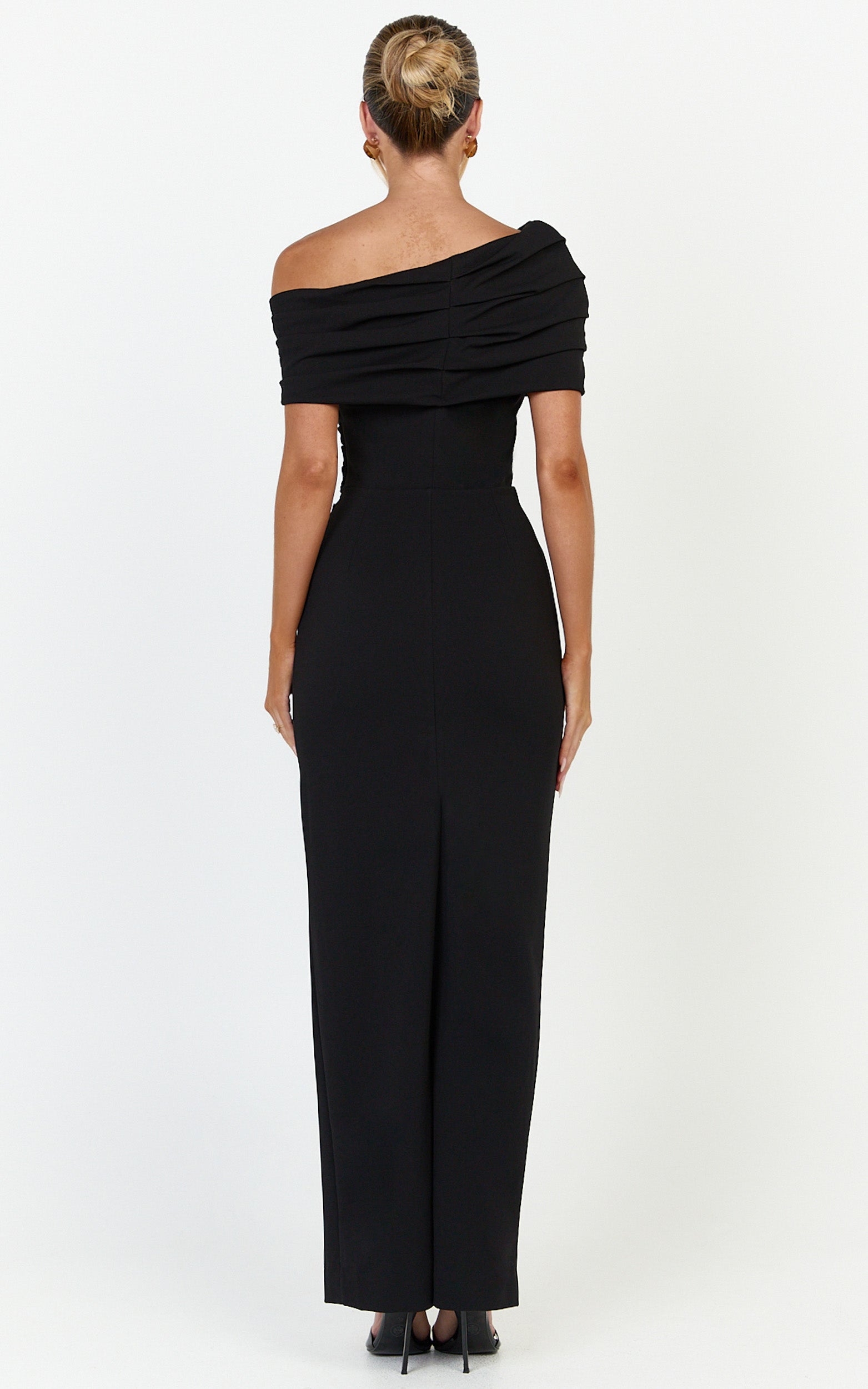 Ottilie Maxi Dress - Pin Tucked One Shoulder Fitted Dress in Black - View 5