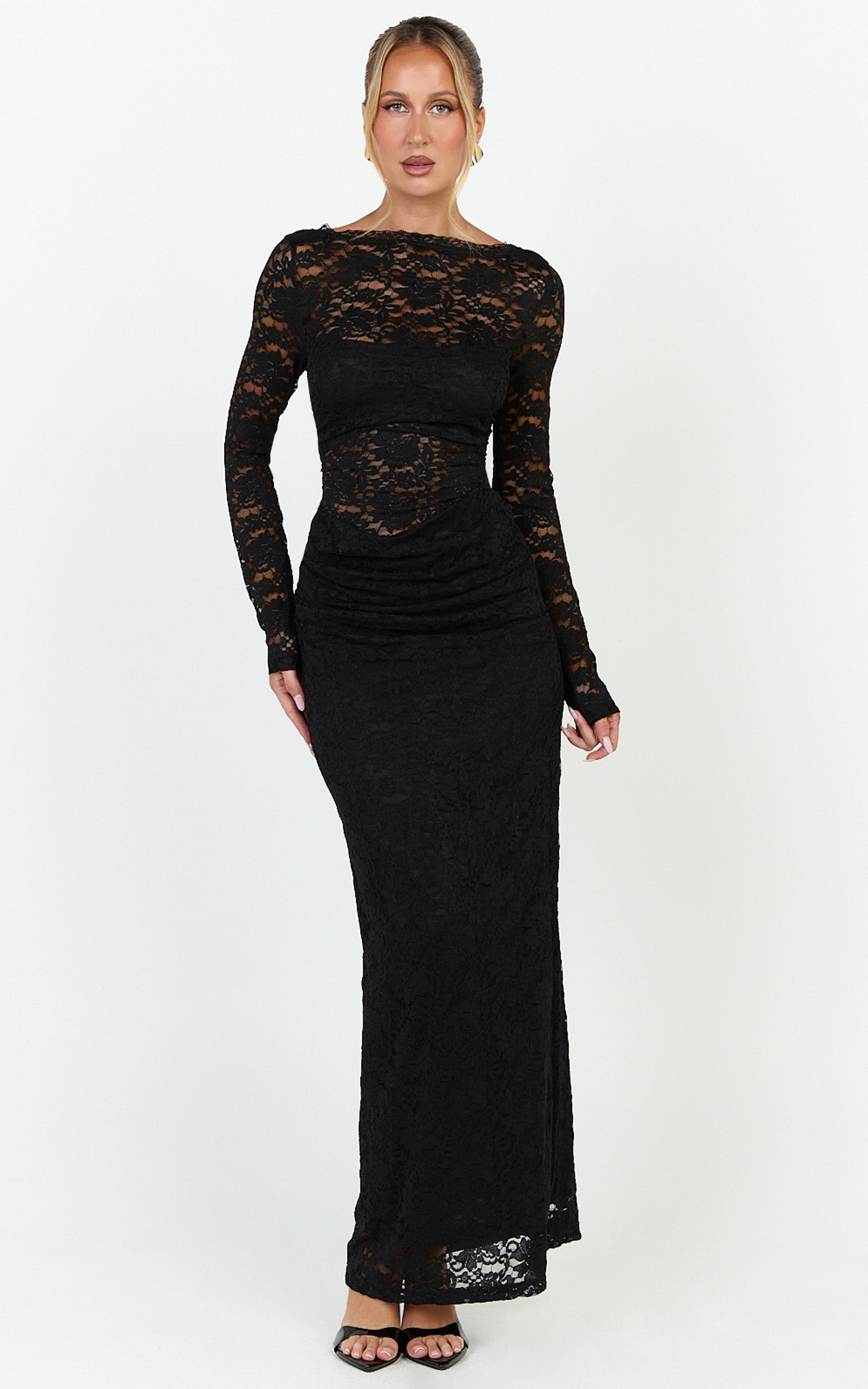 Skye Maxi Dress - Lace Long Sleeve Draped Waist Dress in Black - View 3