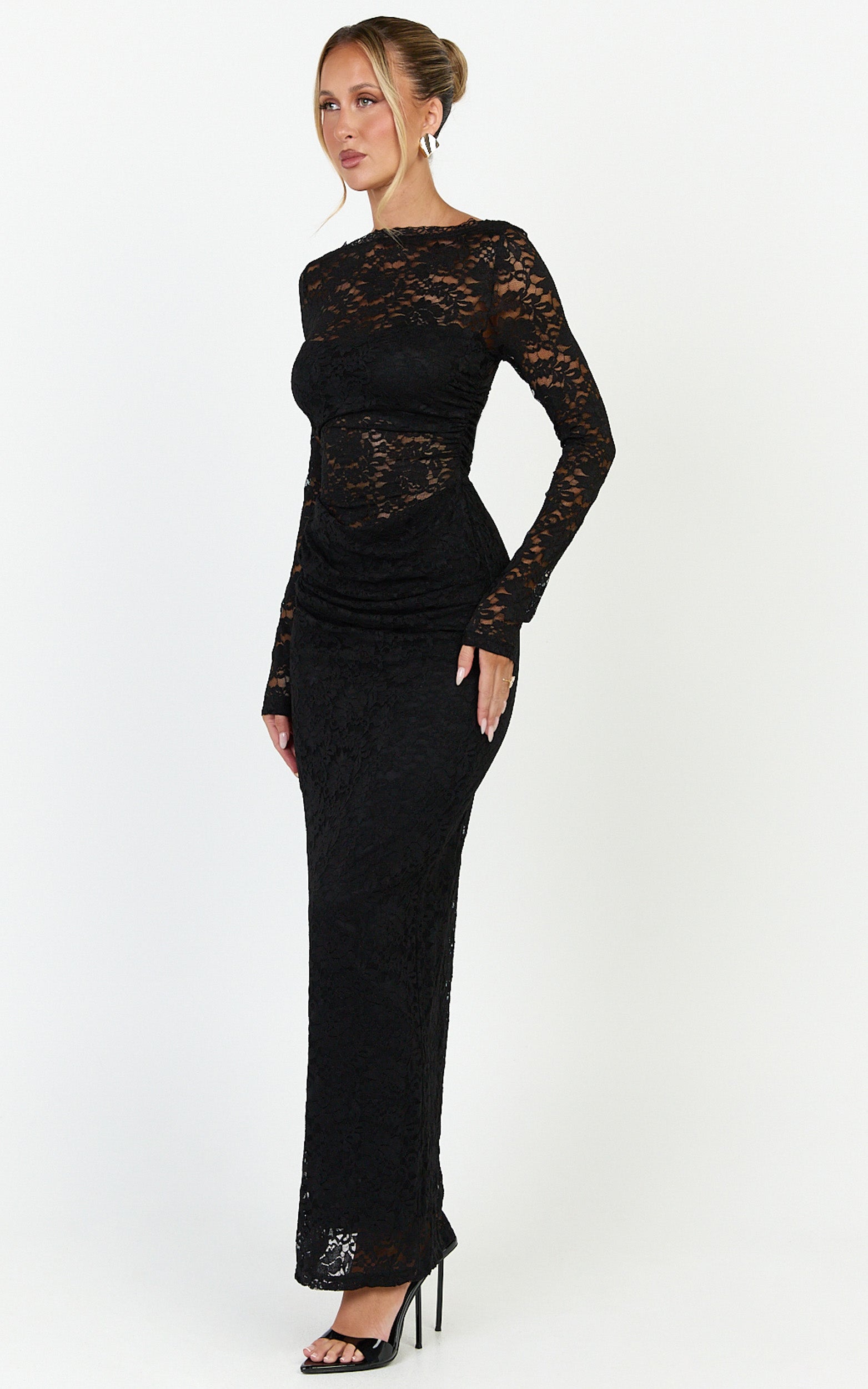 Skye Maxi Dress - Lace Long Sleeve Draped Waist Dress in Black - View 4