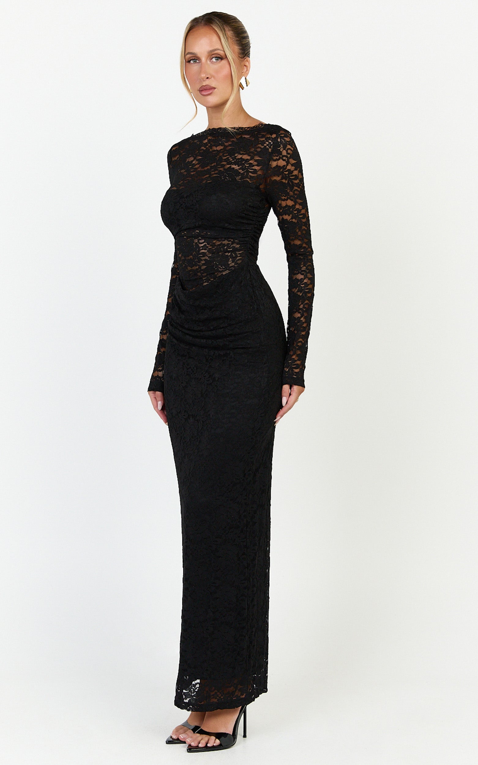 Skye Maxi Dress - Lace Long Sleeve Draped Waist Dress in Black - View 2