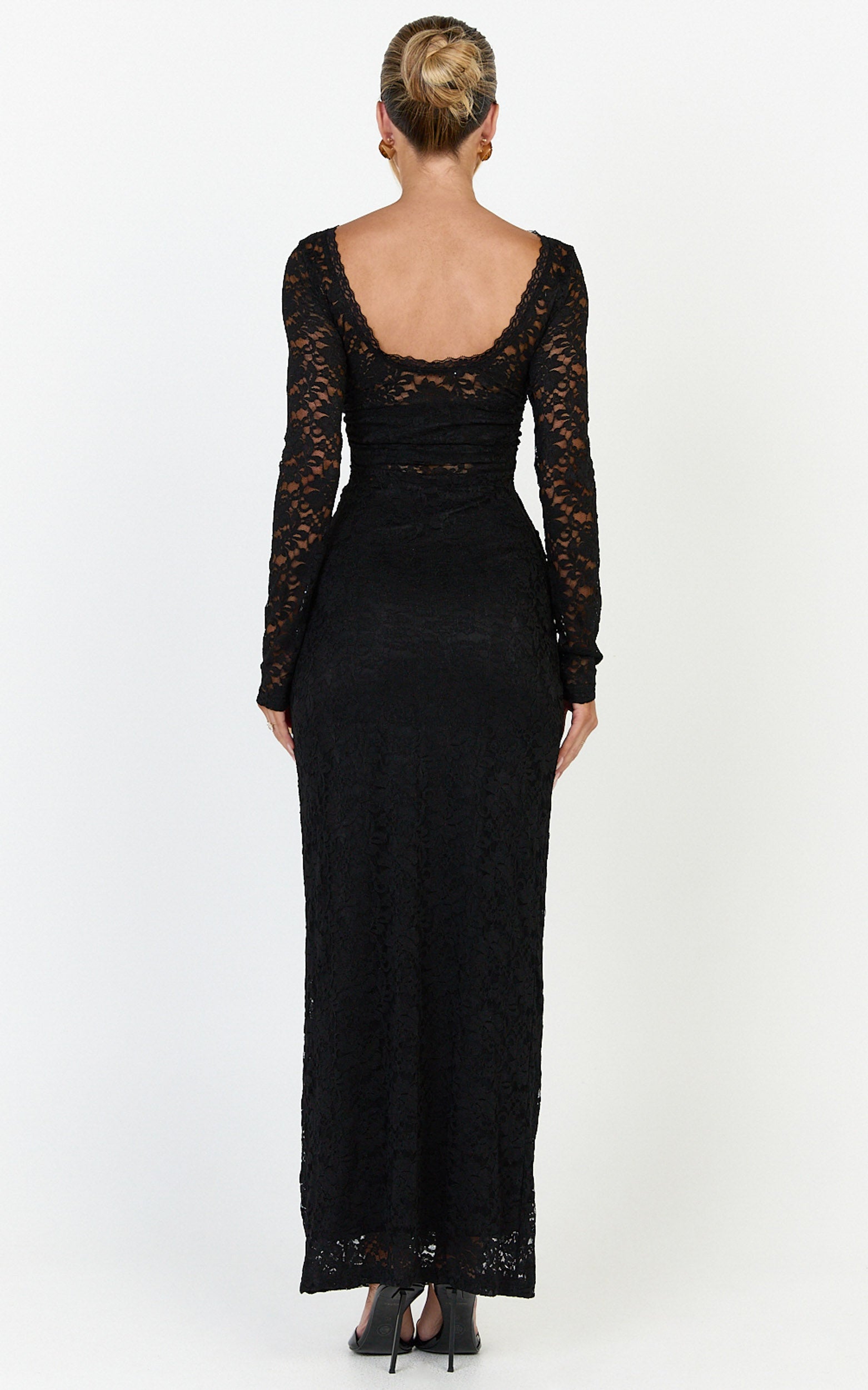 Skye Maxi Dress - Lace Long Sleeve Draped Waist Dress in Black - View 5
