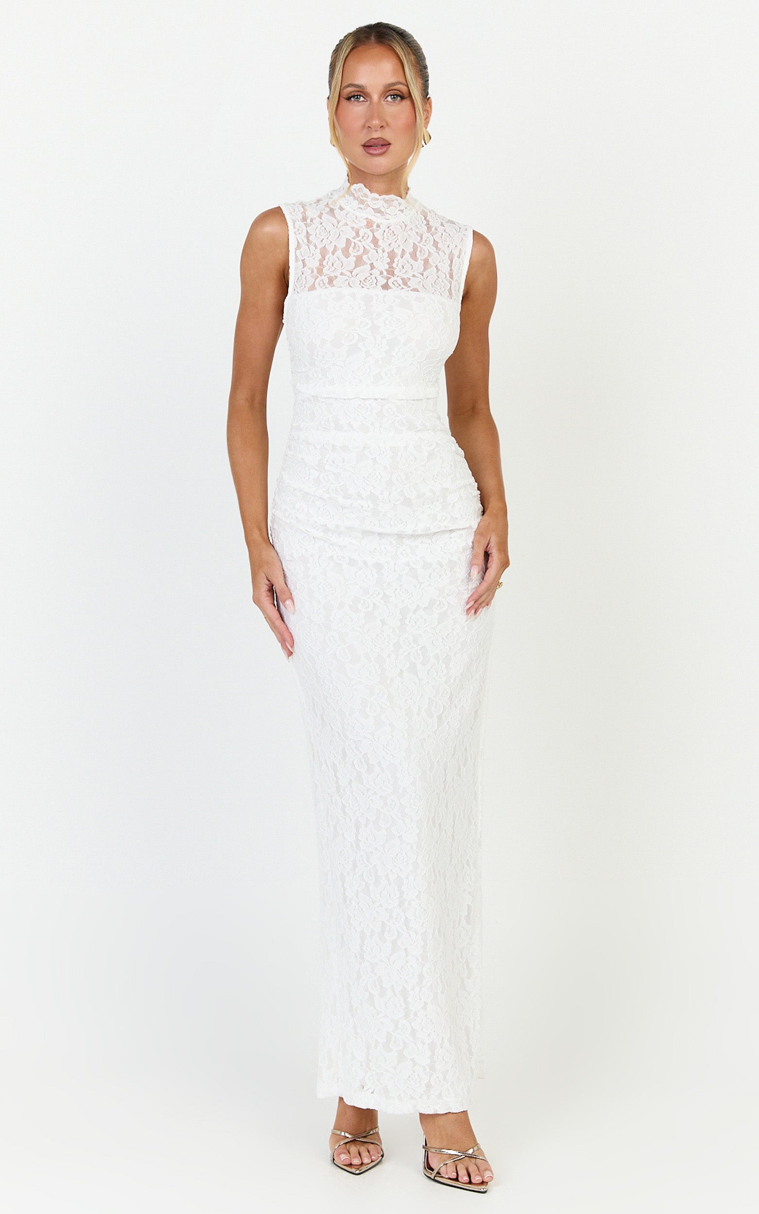 Luna Maxi Dress - Lace High Neck Sleeveless Dress in White - View 3