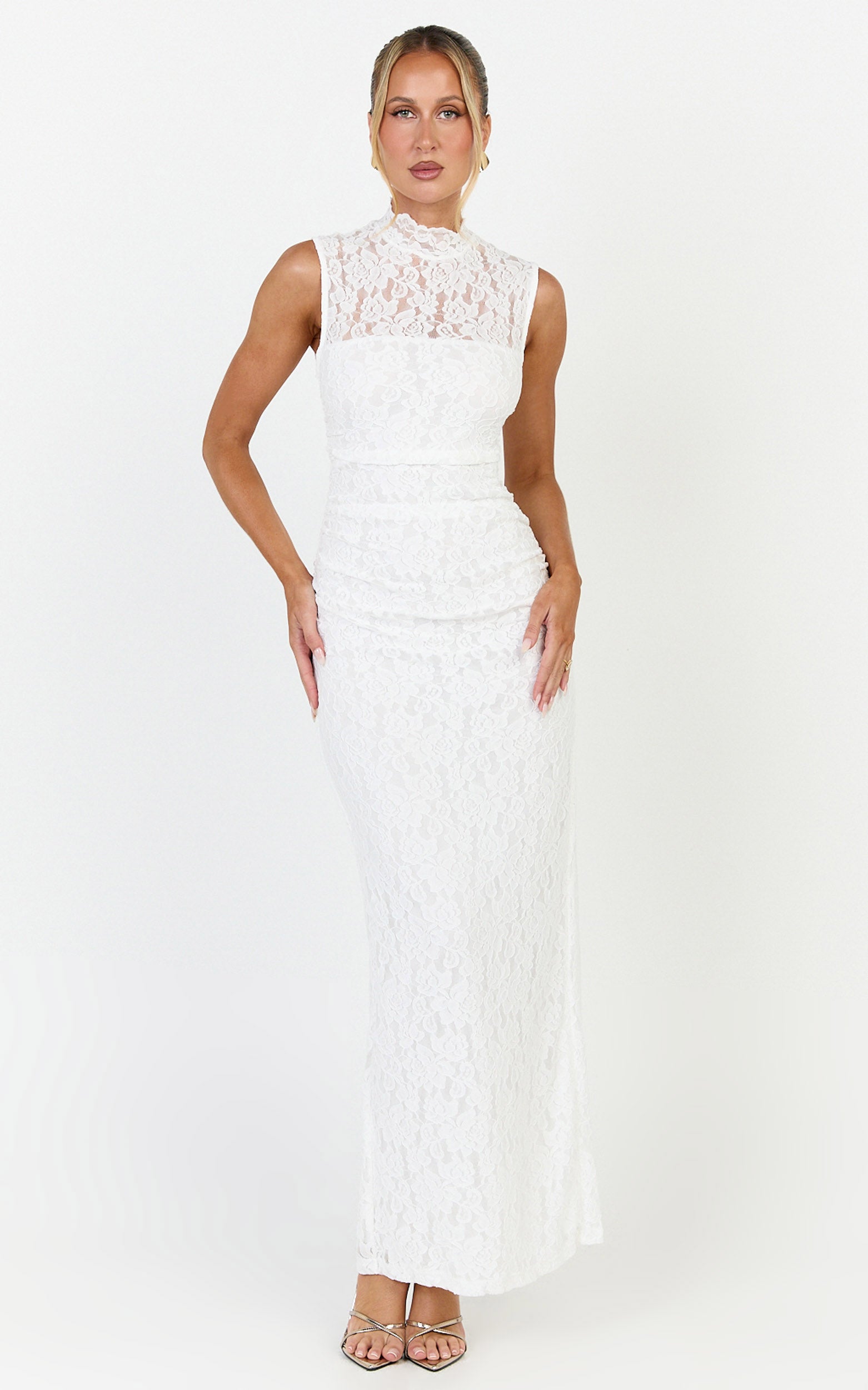 Luna Maxi Dress - Lace High Neck Sleeveless Dress in White - View 4