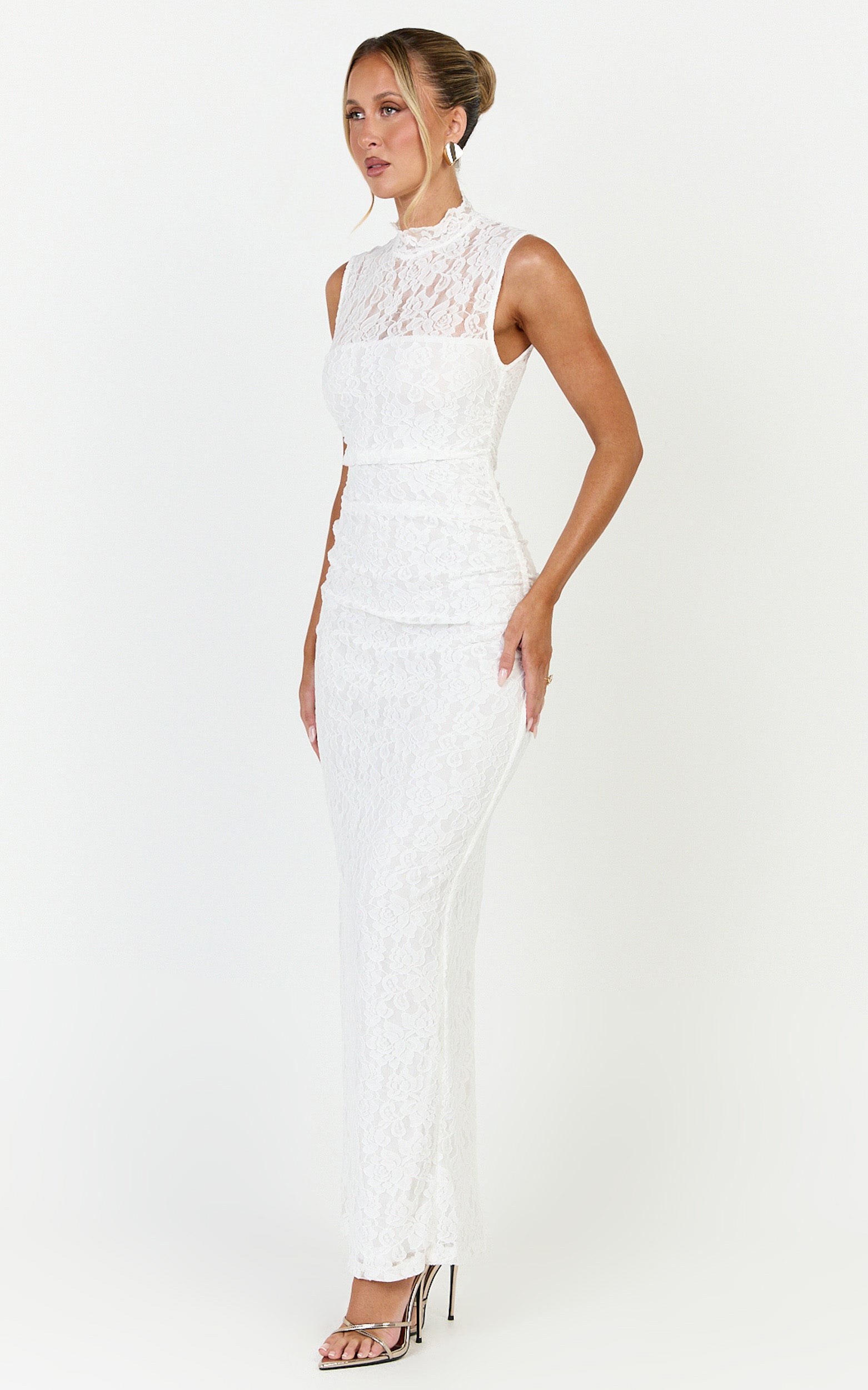 Luna Maxi Dress - Lace High Neck Sleeveless Dress in White - View 2