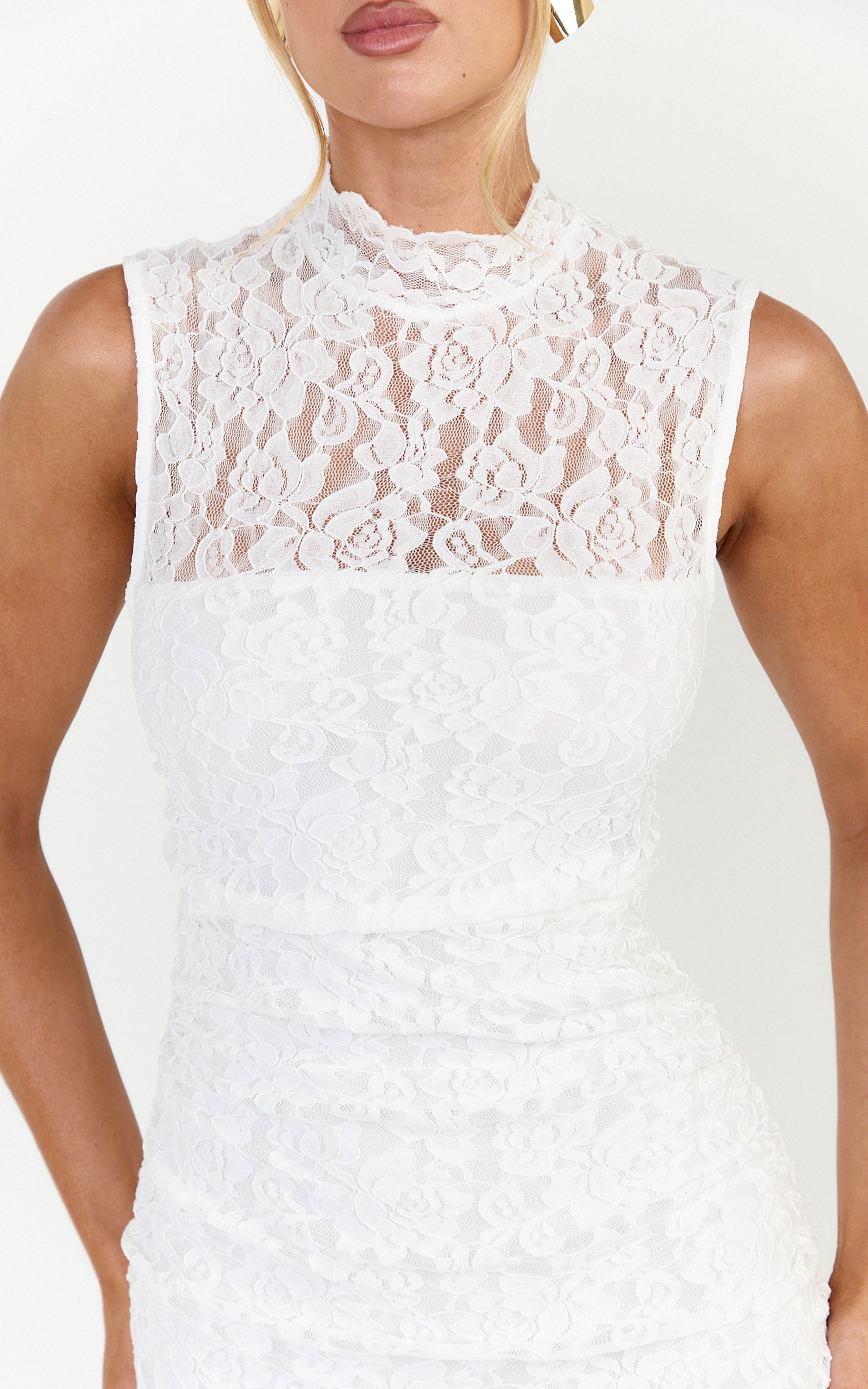 Luna Maxi Dress - Lace High Neck Sleeveless Dress in White - View 6