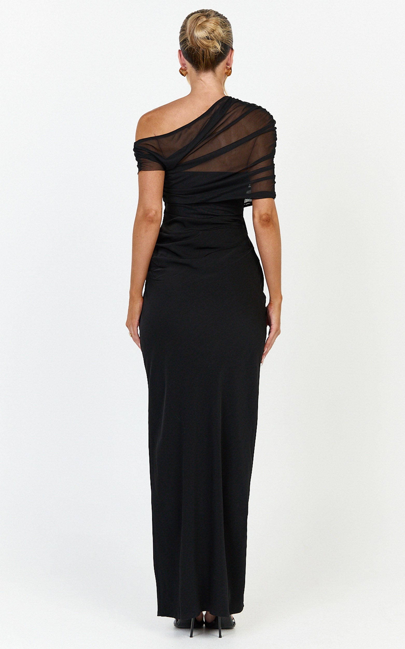 Nami Maxi Dress - Overlay Off Shoulder Draped Cowl Waist Dress in Black - View 5