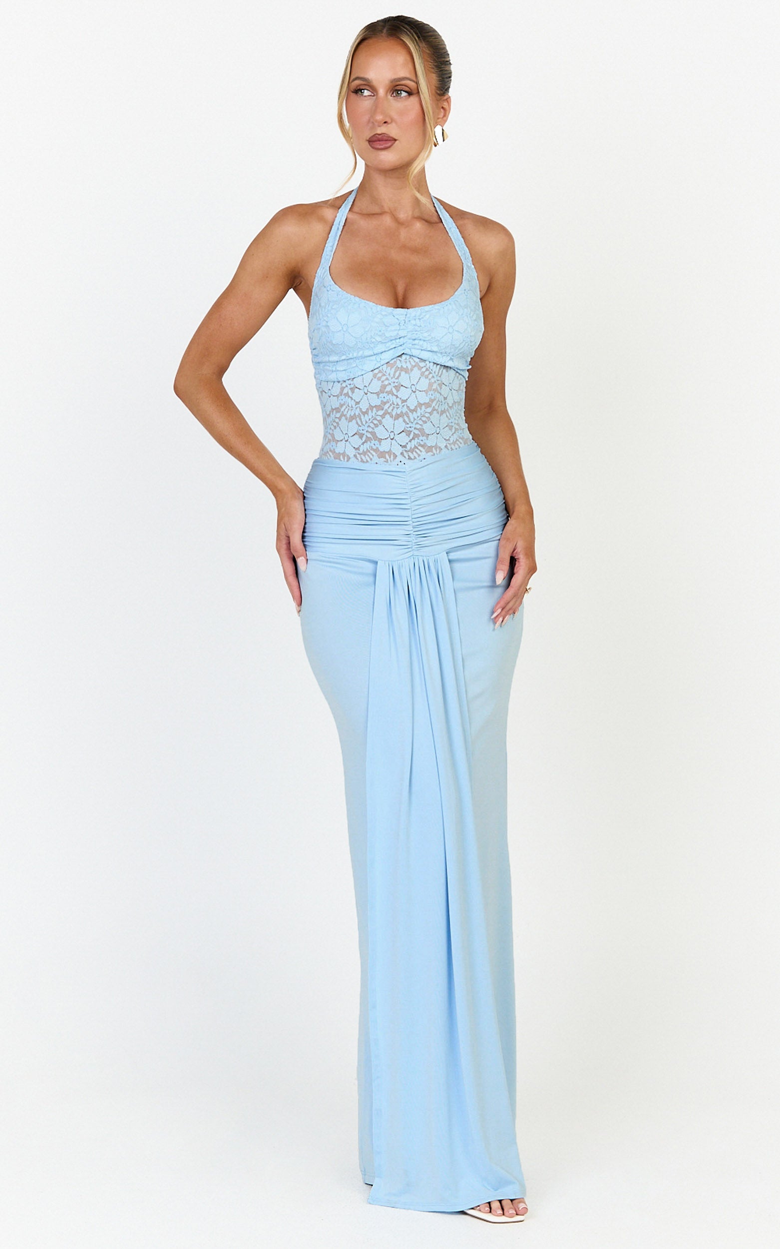 Melville Maxi Dress - Lace Bodice Draped Front Halter Dress in Blue - View 5