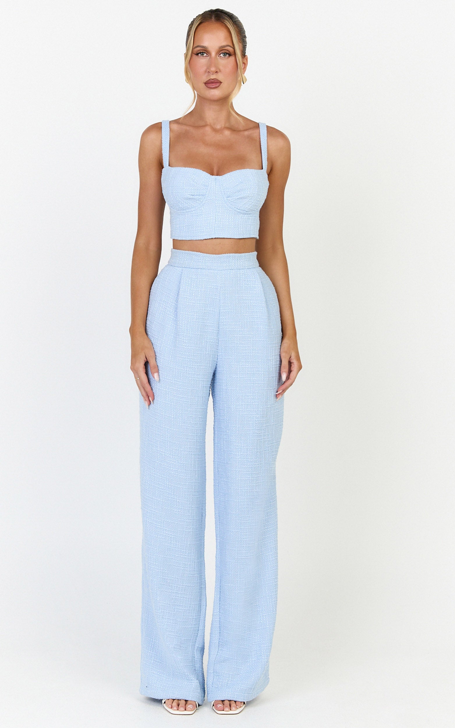 Sylvia Two Piece Set - Corset Top and High Waisted Wide Leg Pants Set in Blue - View 3