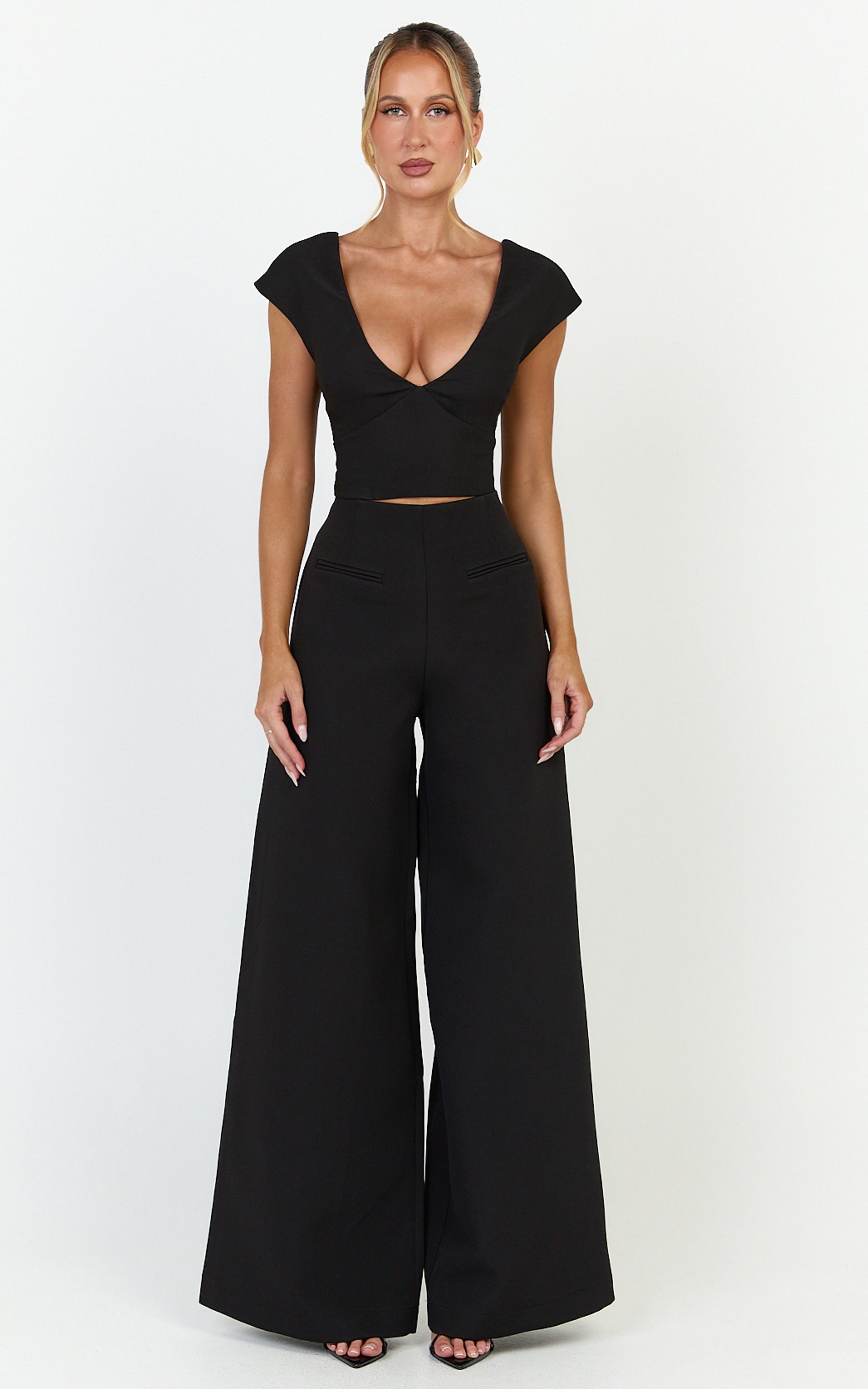 Lilo Top - V Neck Cap Sleeve Top in Black - View 2