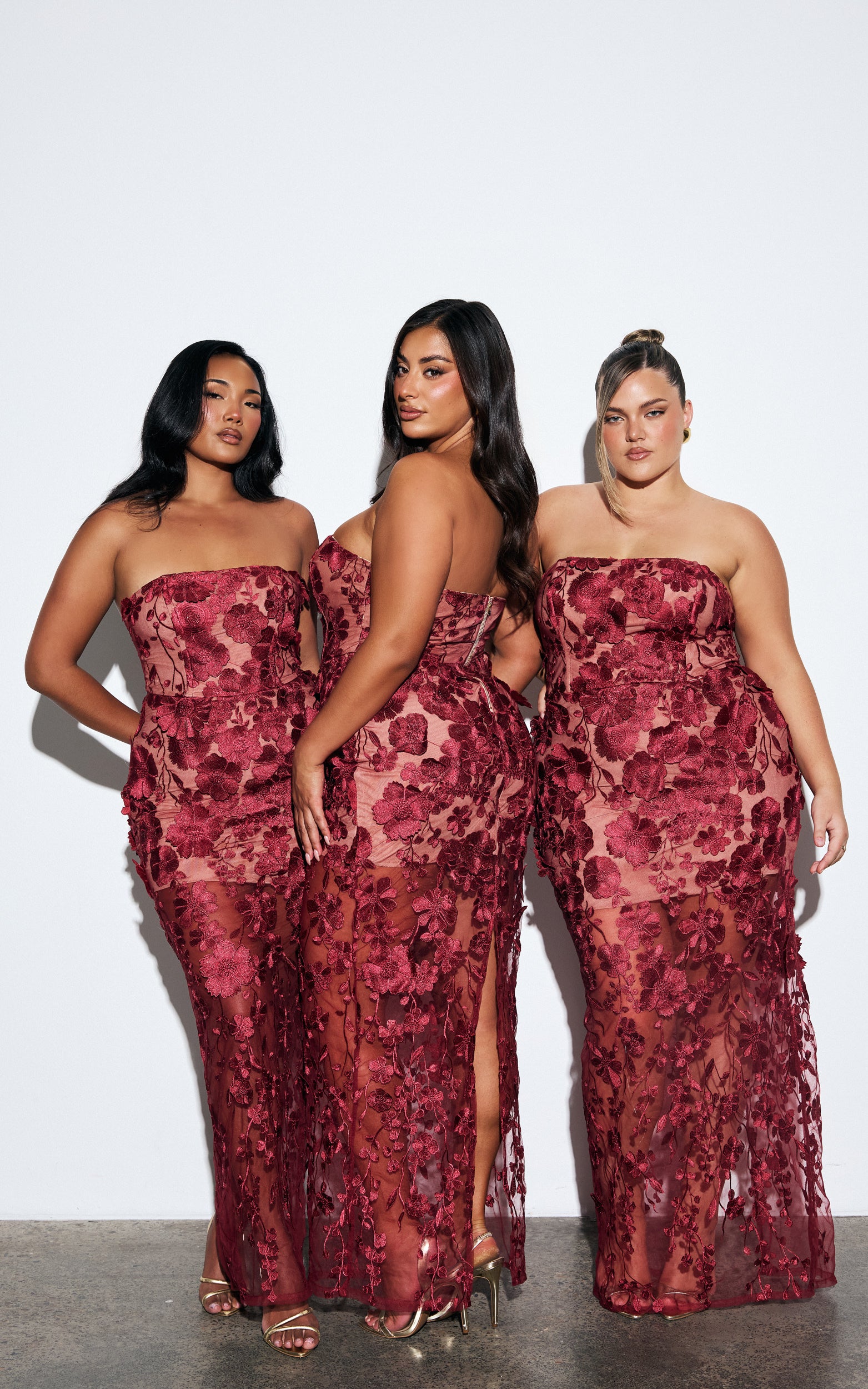 Sienna Maxi Dress - 3D Floral Strapless Column Dress in Wine - View 2