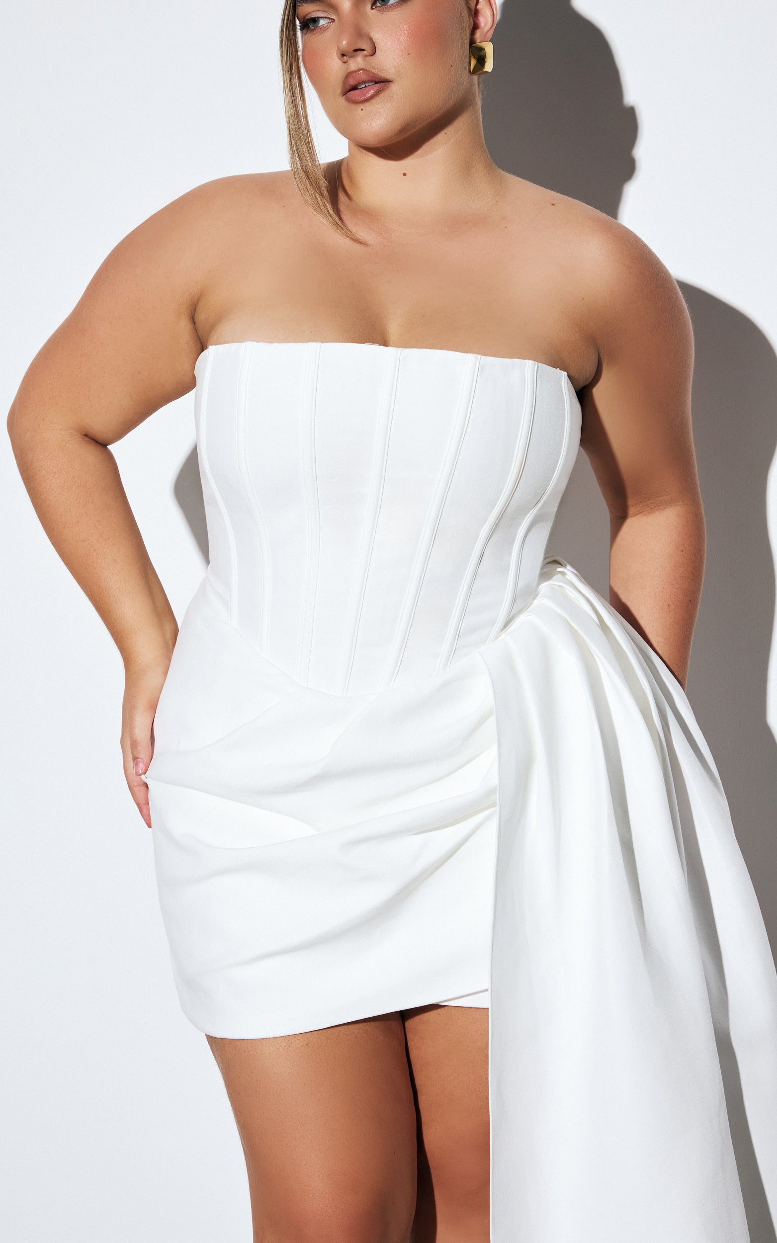 Jeanette Mini Dress - Strapless Corset Bodice Draped Waist Dress in White - View 5