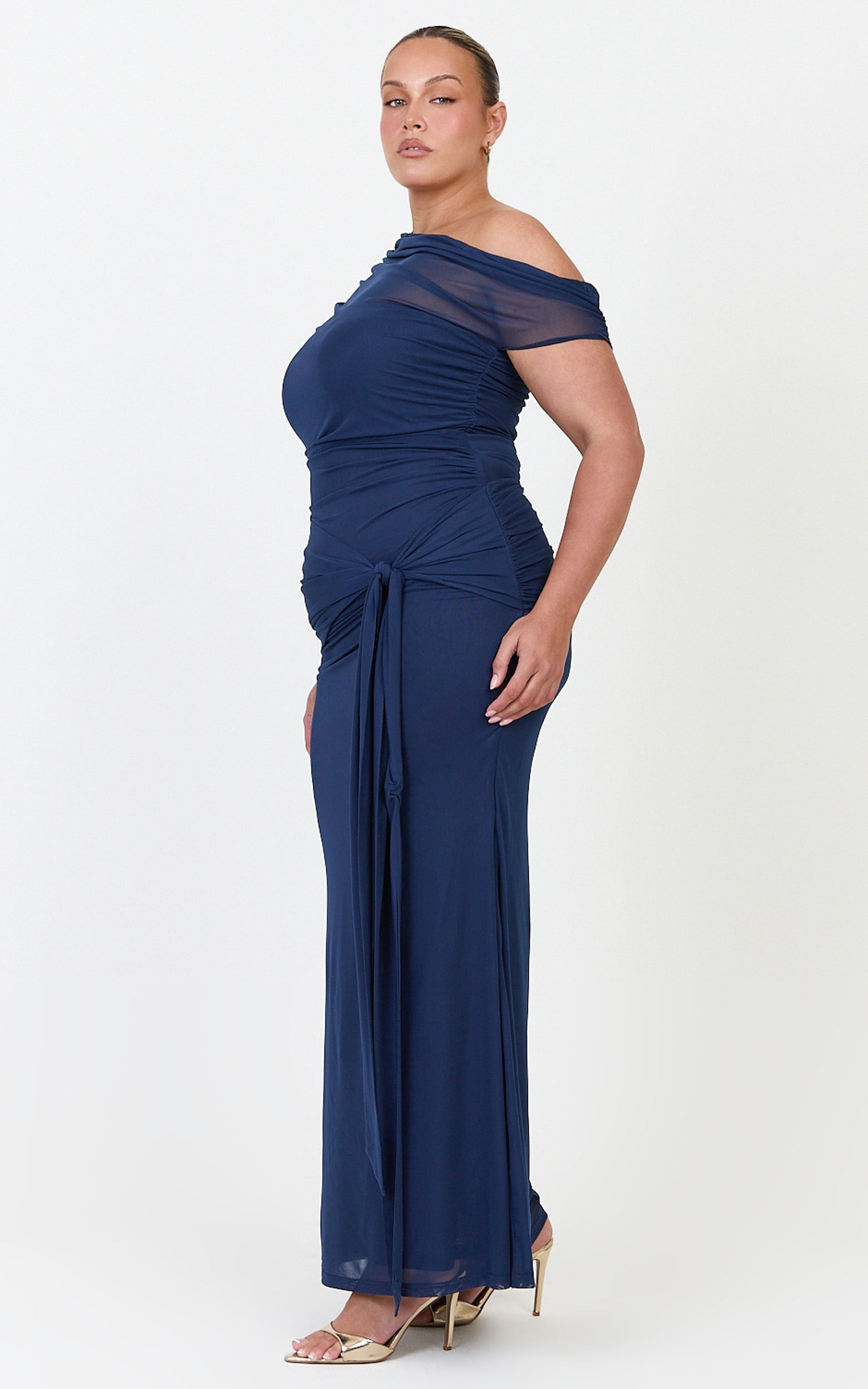 Nicolette Maxi Dress - Cape Sleeve Off Shoulder Dress in Navy - View 4