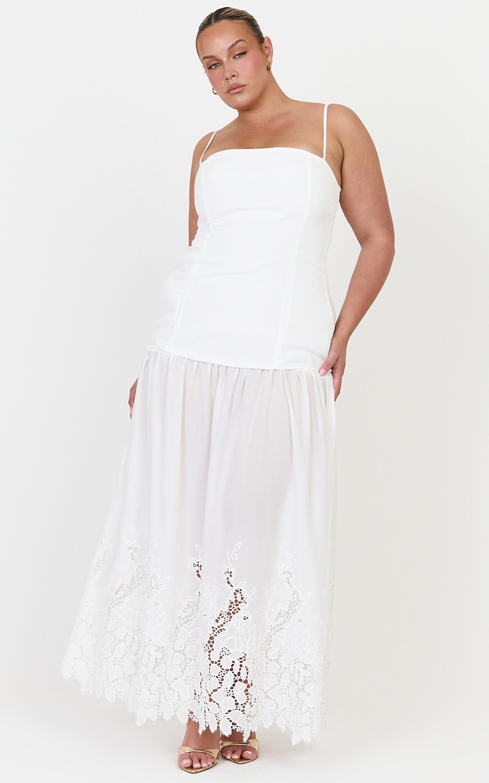 Everly Maxi Dress - Straight Neck Broderie Cut Out Hem Dress in White - View 6