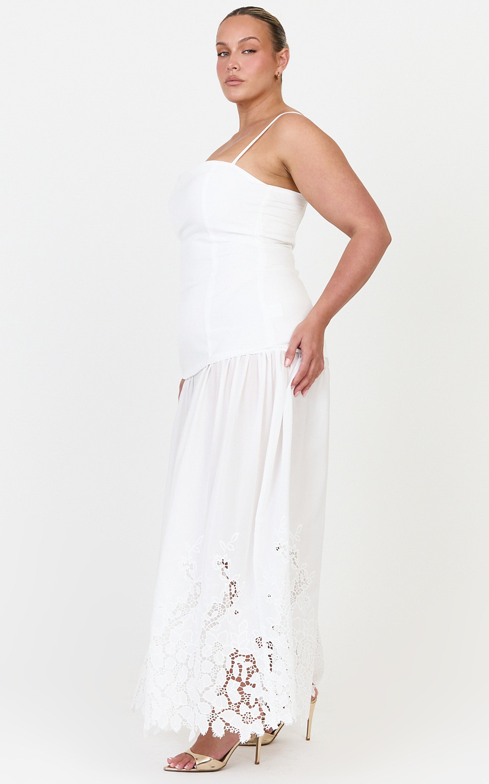 Everly Maxi Dress - Straight Neck Broderie Cut Out Hem Dress in White - View 4