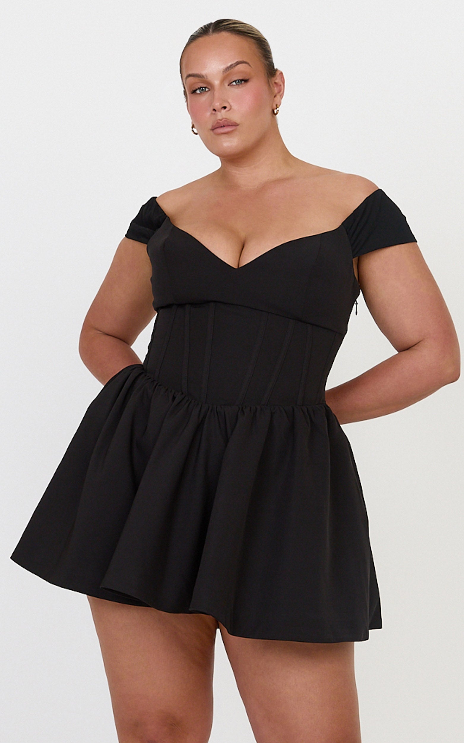 Luciana Mini Dress - Corset Bodice Mini Dress With Cap Sleeves And Gathered Skirt in Black - View 4