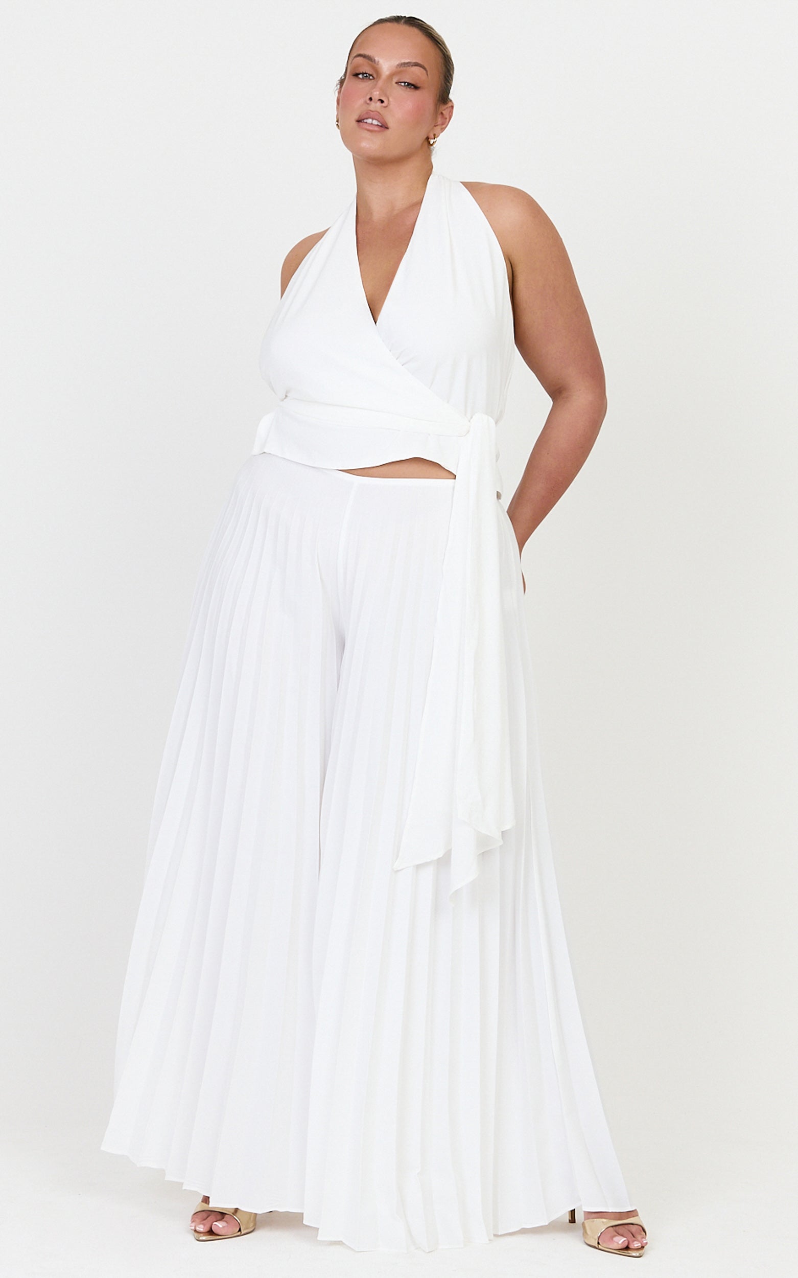Valentina Top - Halter Neck Front Wrap Sash Detail Top in Off White - View 4