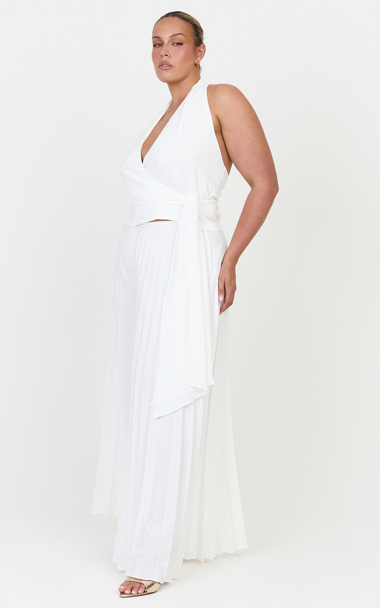Valentina Top - Halter Neck Front Wrap Sash Detail Top in Off White - View 6